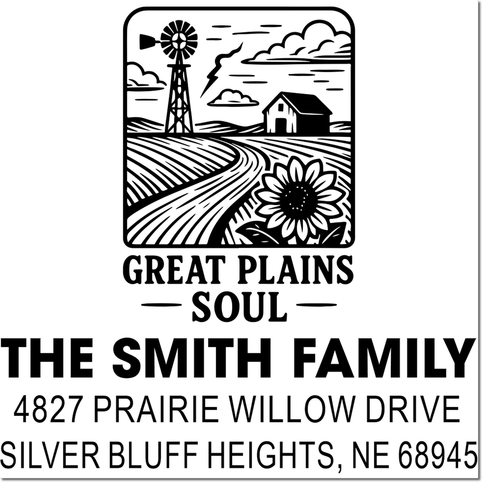 Personalized Great Plains Soul rubber stamp with farm scene, The Smith Family, and Silver Bluff Heights, NE address.