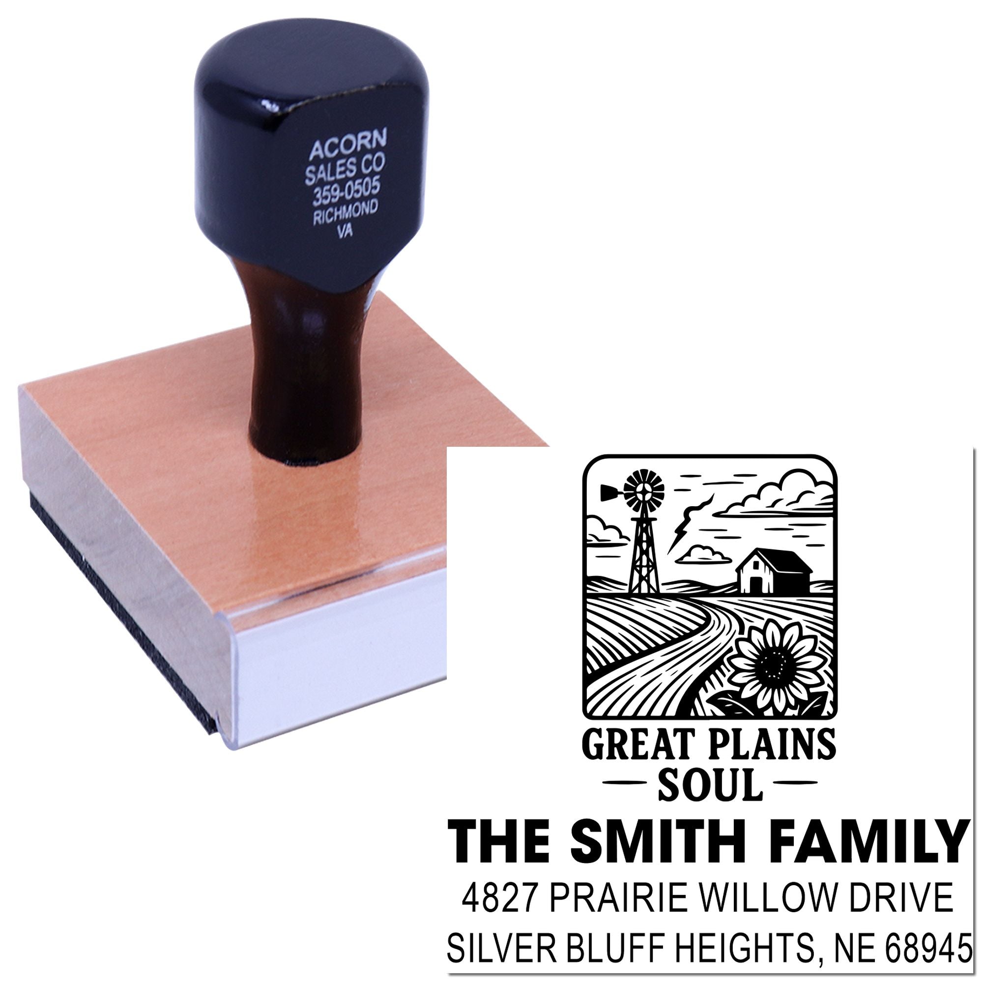 Custom self-inking rubber stamp with Great Plains Soul family name and address for personalized return address branding.