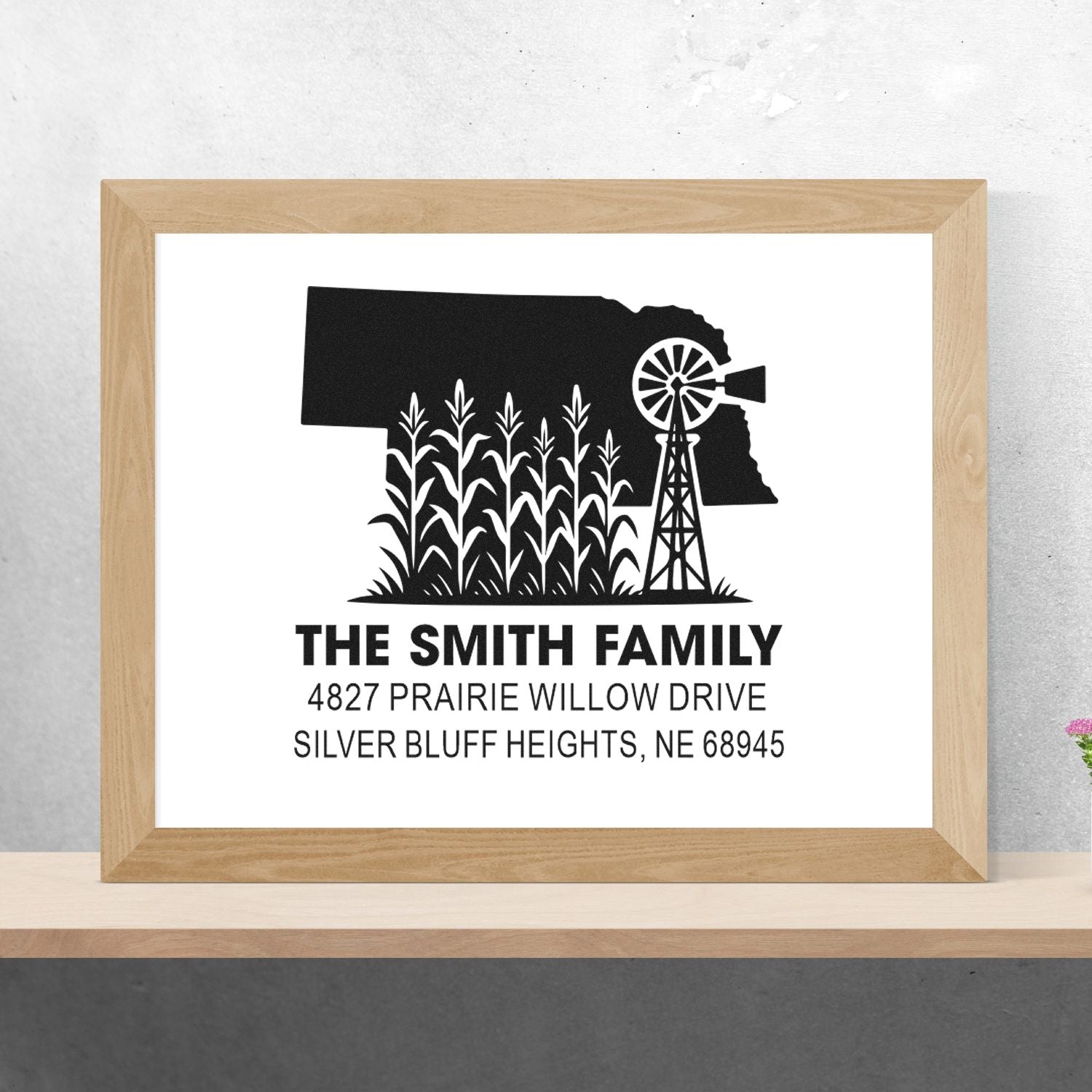 Custom rubber stamp with Nebraska silhouette, corn and windmill, featuring The Smith Family return address design.