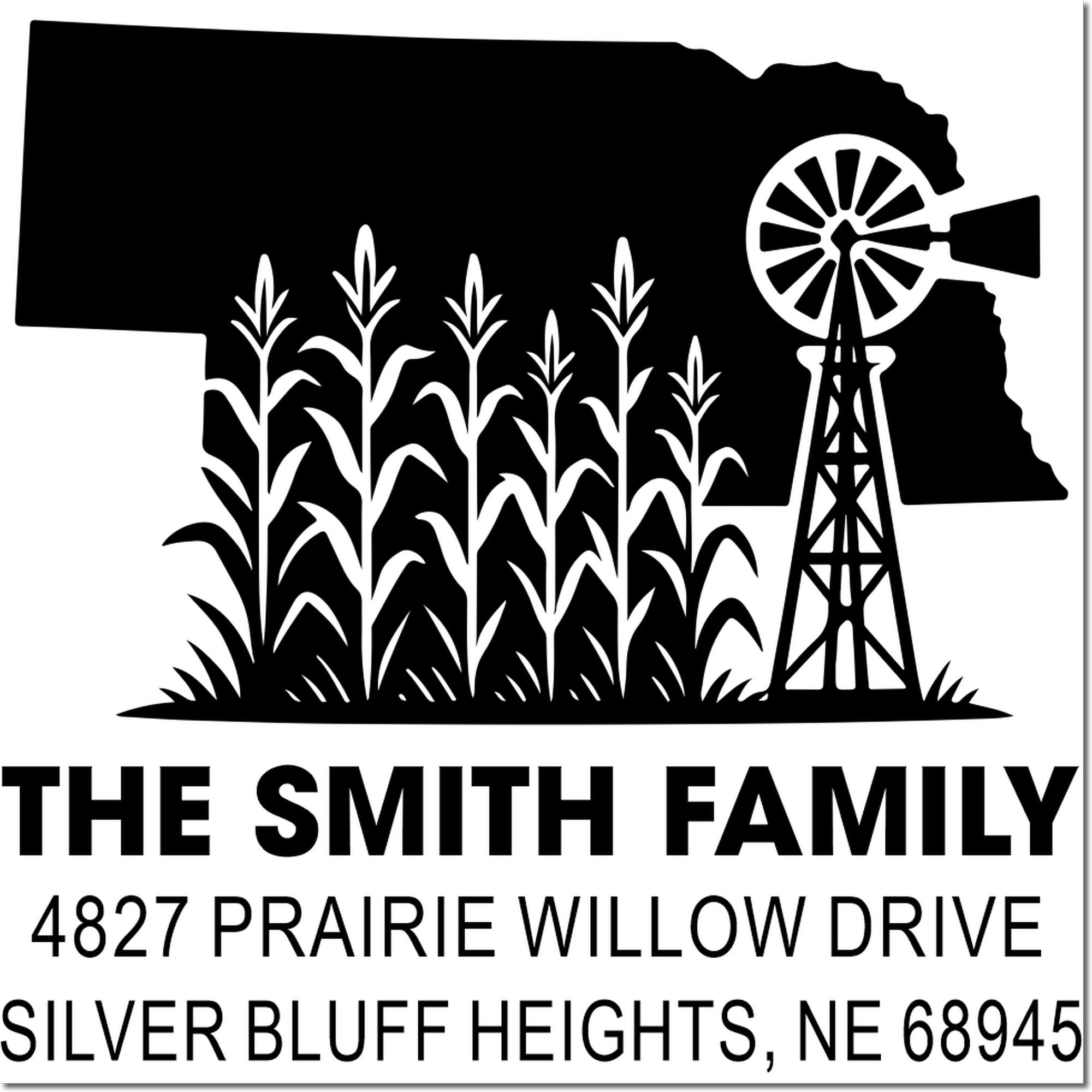 Custom farm address rubber stamp with corn, windmill, and The Smith Family Nebraska return address.