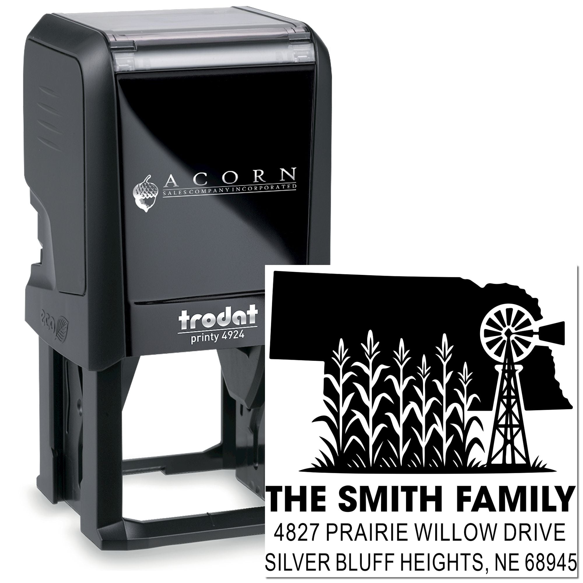 Custom self-inking rubber stamp for return address printing with farm silhouette design
