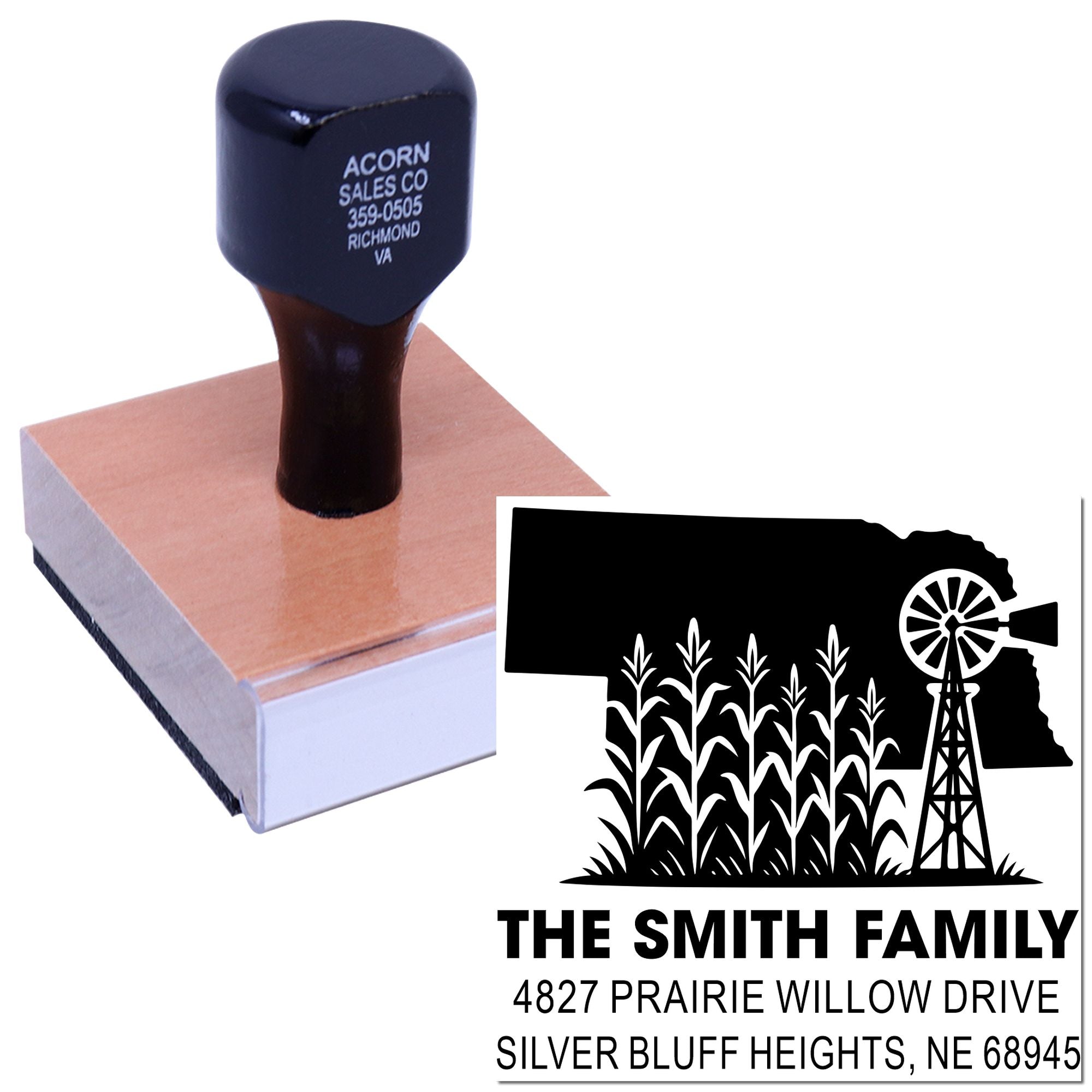 Custom return address rubber stamp with farm logo and The Smith Family mailing address for personalized envelopes.