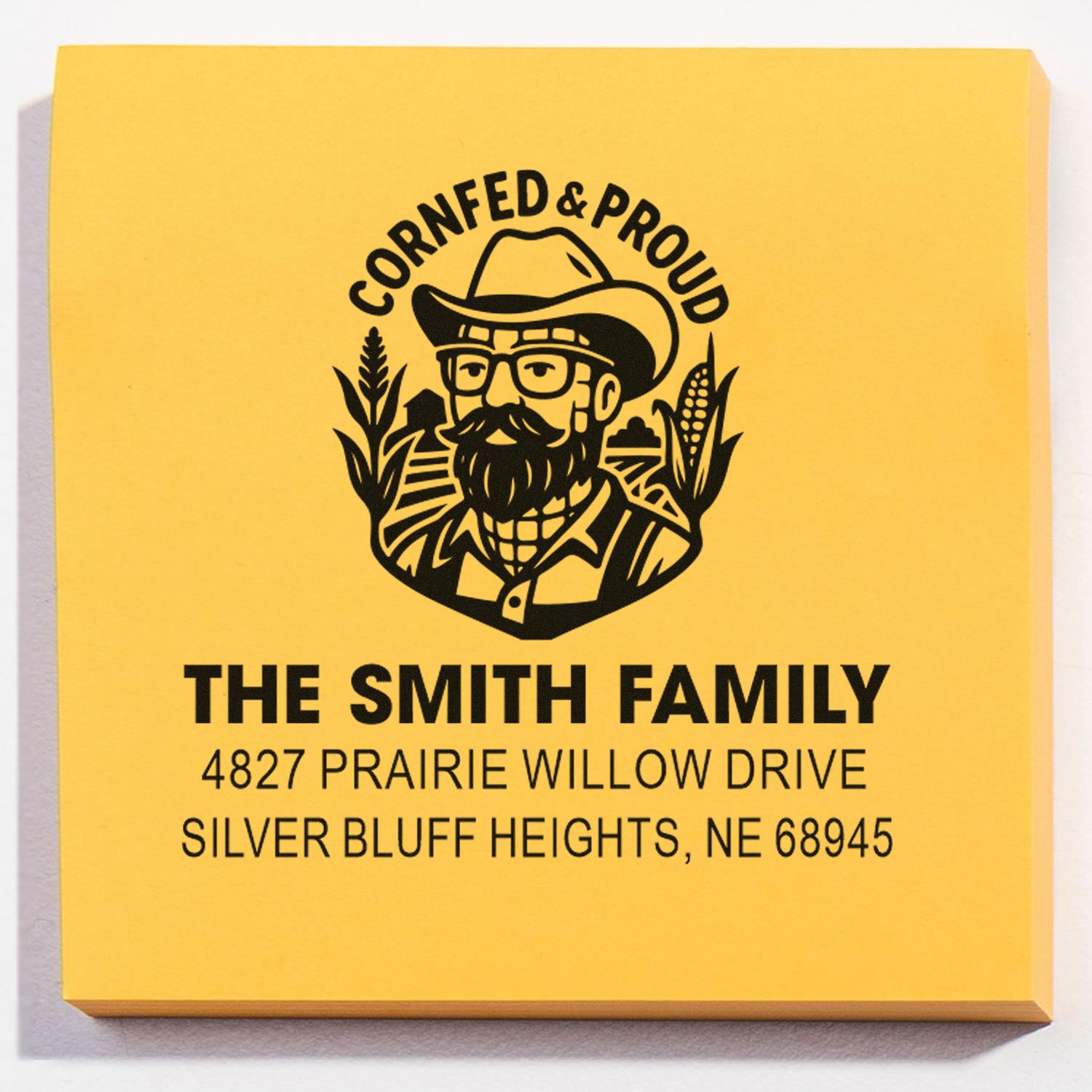 Personalized return address rubber stamp for The Smith Family with Cornfed & Proud farmer design and Nebraska address.