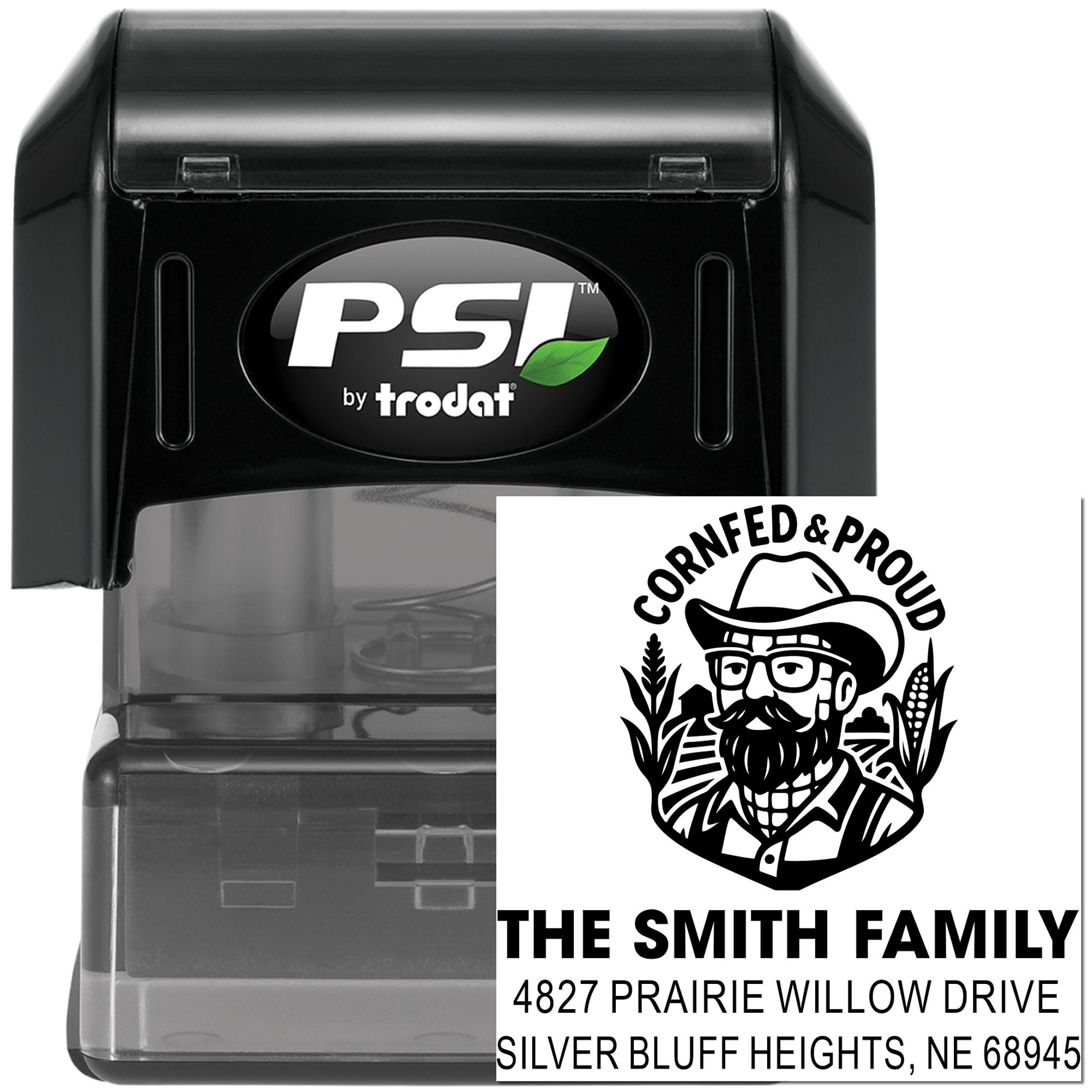 PSI by Trodat self-inking custom rubber stamp with Cornfed & Proud family farm logo and Smith family address imprint.