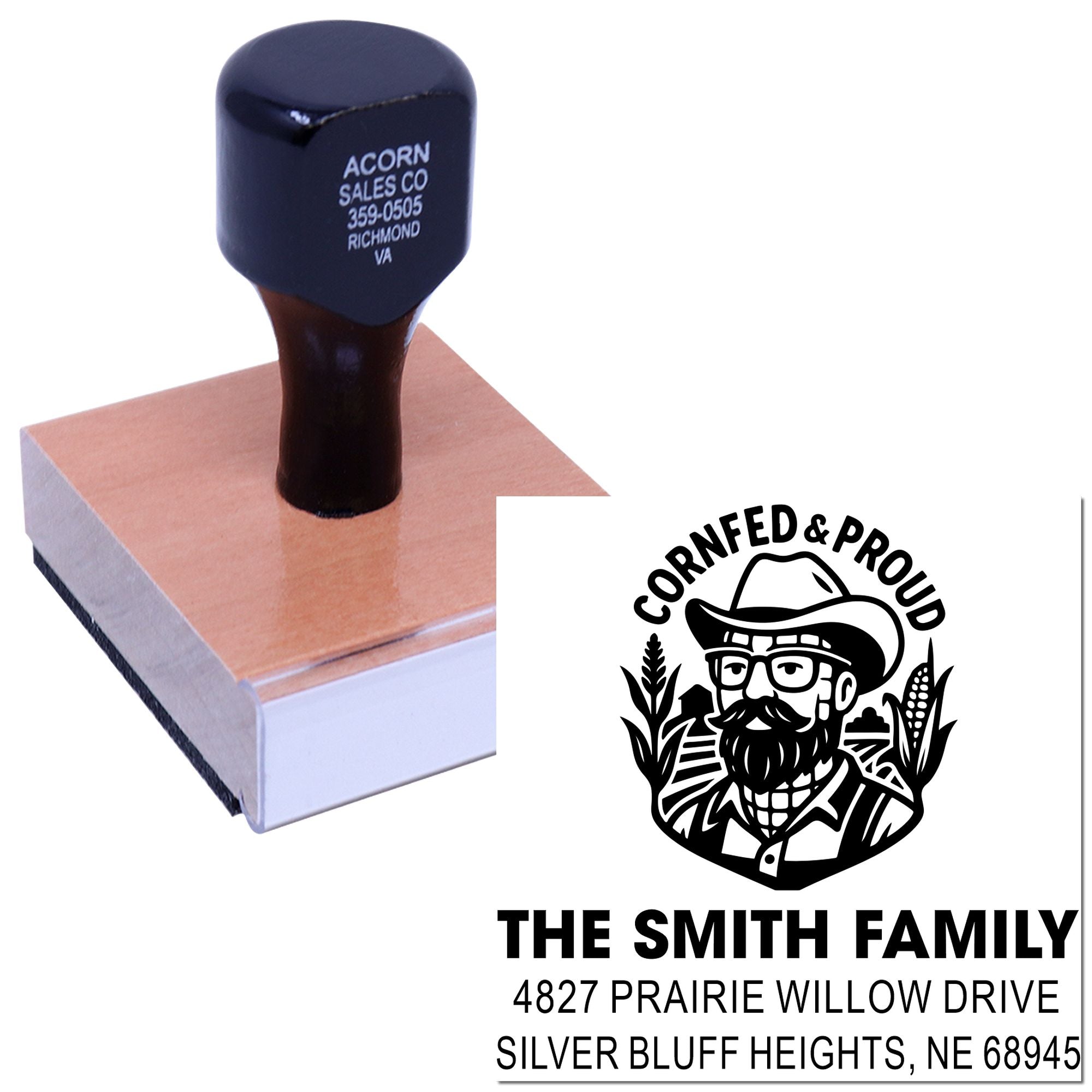 Custom rubber stamp with family farm logo and address, shown on ink pad for personalized return address and branding.