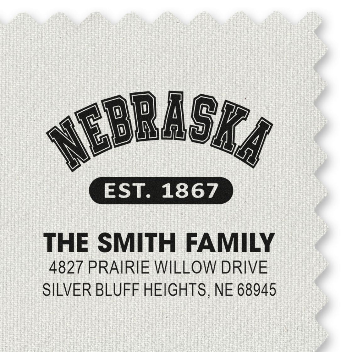 Custom Nebraska family return address rubber stamp with Est. 1867 and Smith family address for envelopes and mailings.