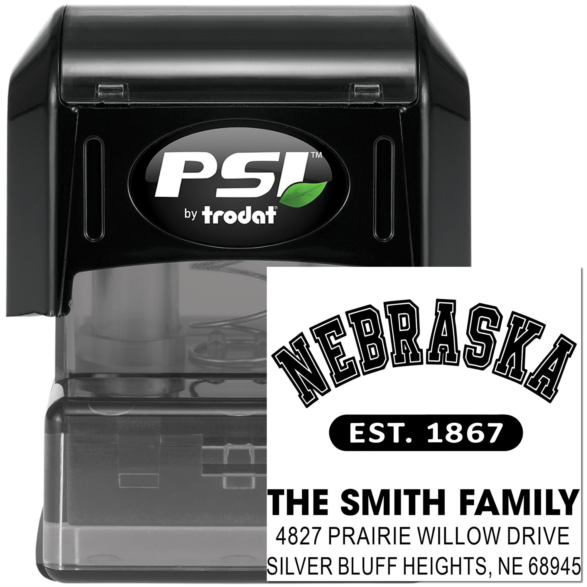 PSI by Trodat self-inking personalized address stamp with Nebraska return address and family name imprint