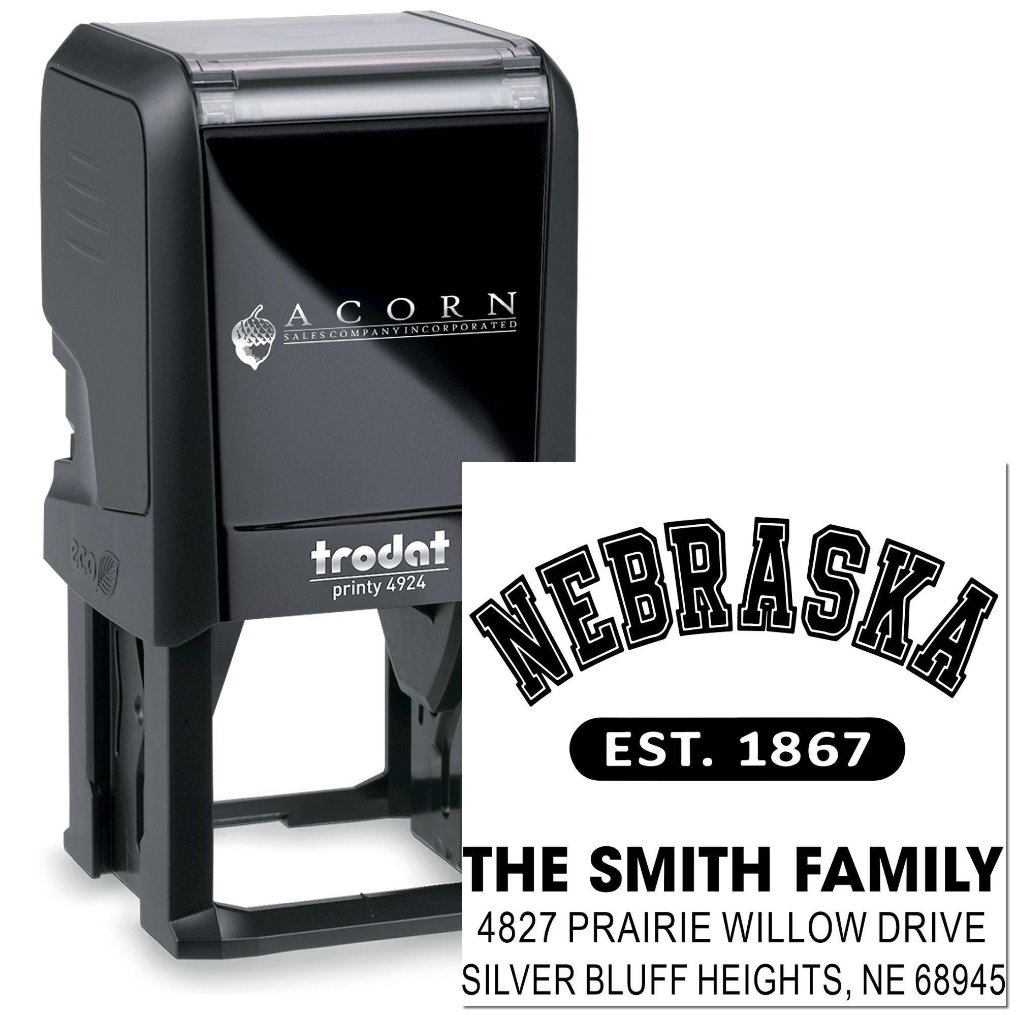 Custom self-inking rubber stamp with Nebraska return address and family name for envelopes, mail, and branding.