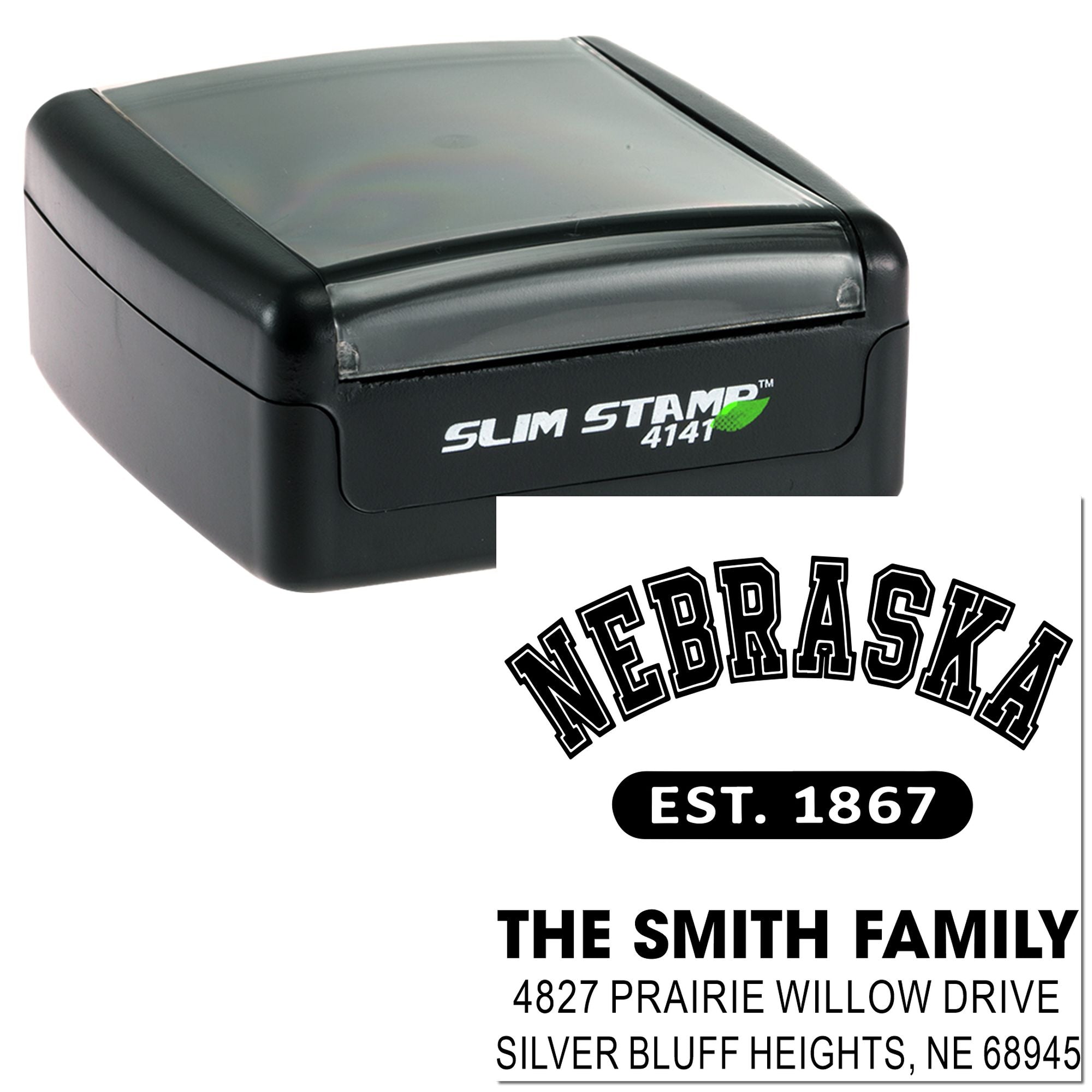 Custom Nebraska self-inking rubber stamp with family name and return address imprint, shown in Slim Stamp 4141.
