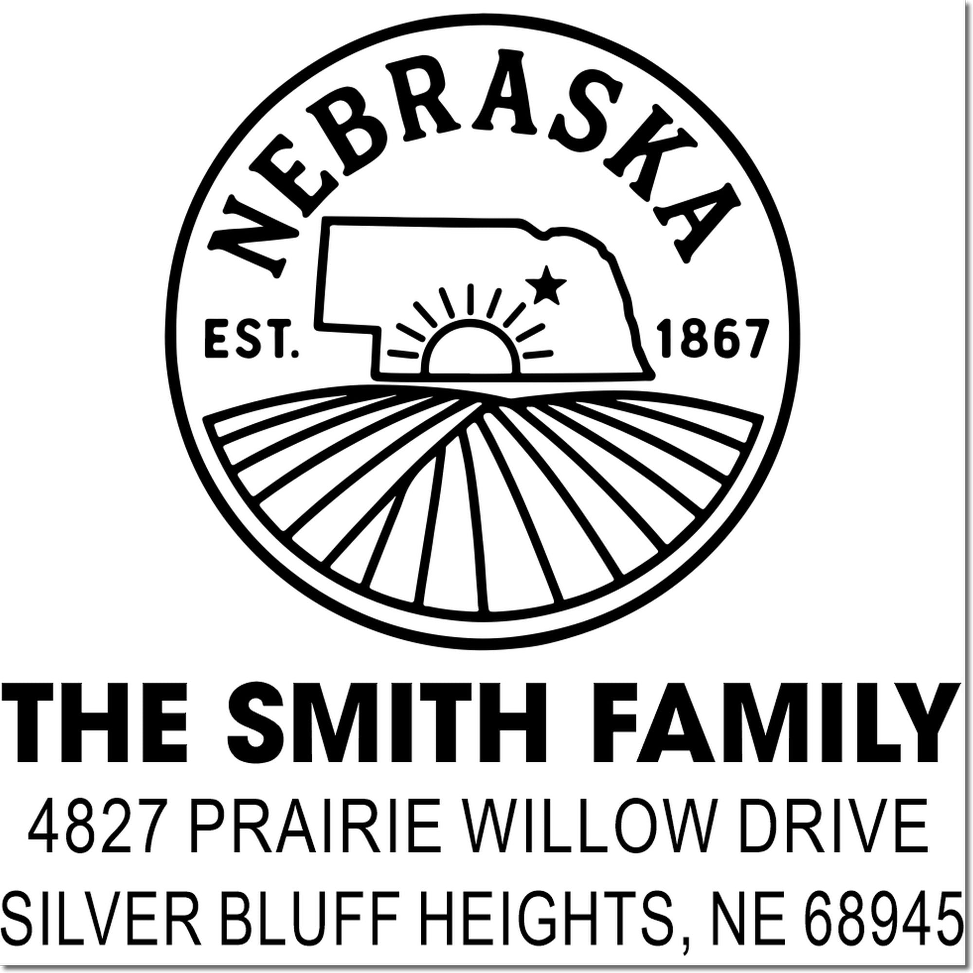Custom Nebraska return address rubber stamp for The Smith Family, 4827 Prairie Willow Drive, Silver Bluff Heights, NE 68945.