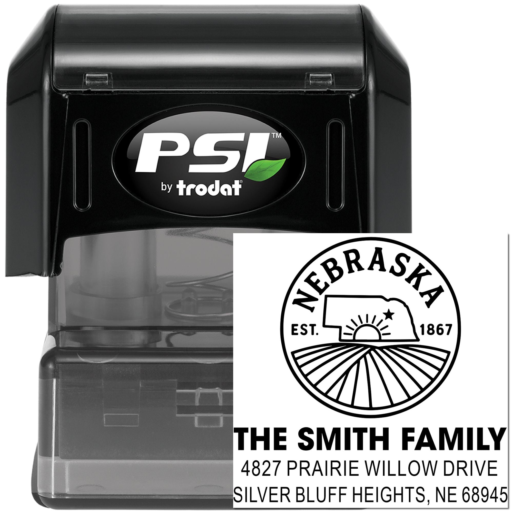 Custom self-inking return address rubber stamp by PSI Trodat, featuring Nebraska family name and address for mailing.