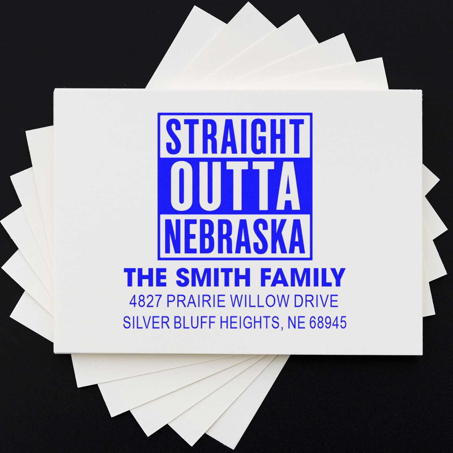 Custom rubber address stamp with Straight Outta Nebraska design for The Smith Family in Silver Bluff Heights, NE.