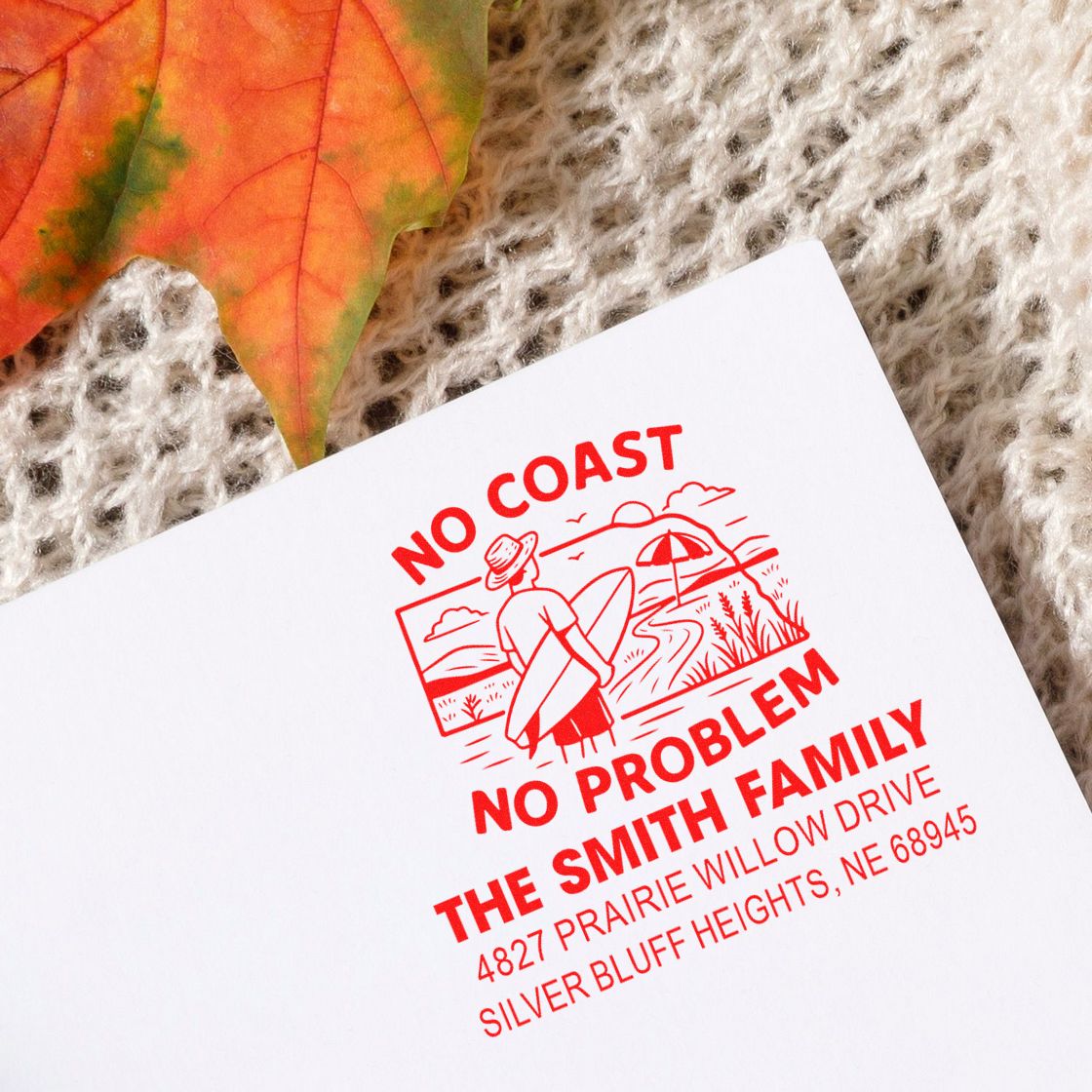Personalized rubber return address stamp with beach surfer design and No Coast No Problem text for the Smith family