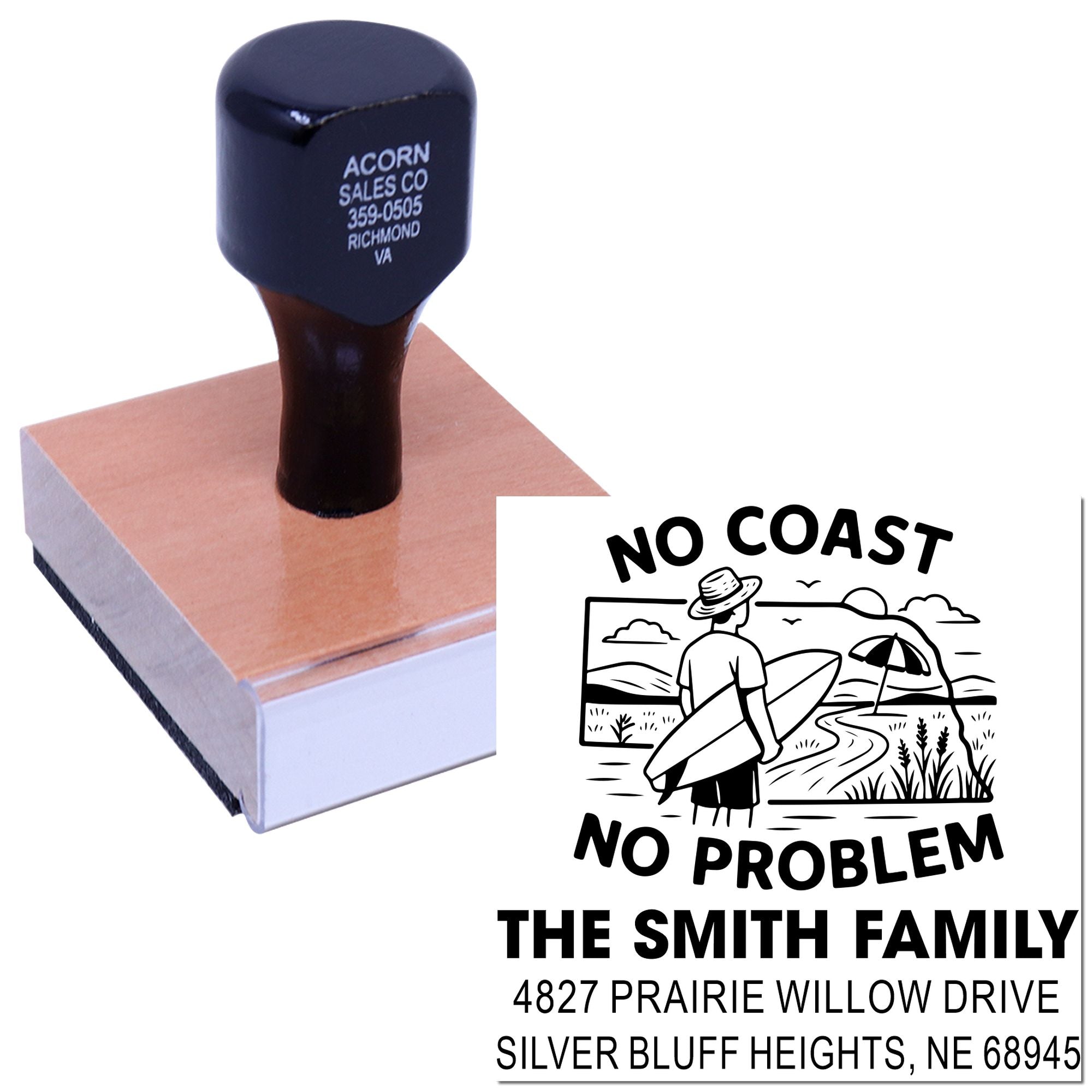 Custom rubber stamp with surf-themed No Coast No Problem family return address design.