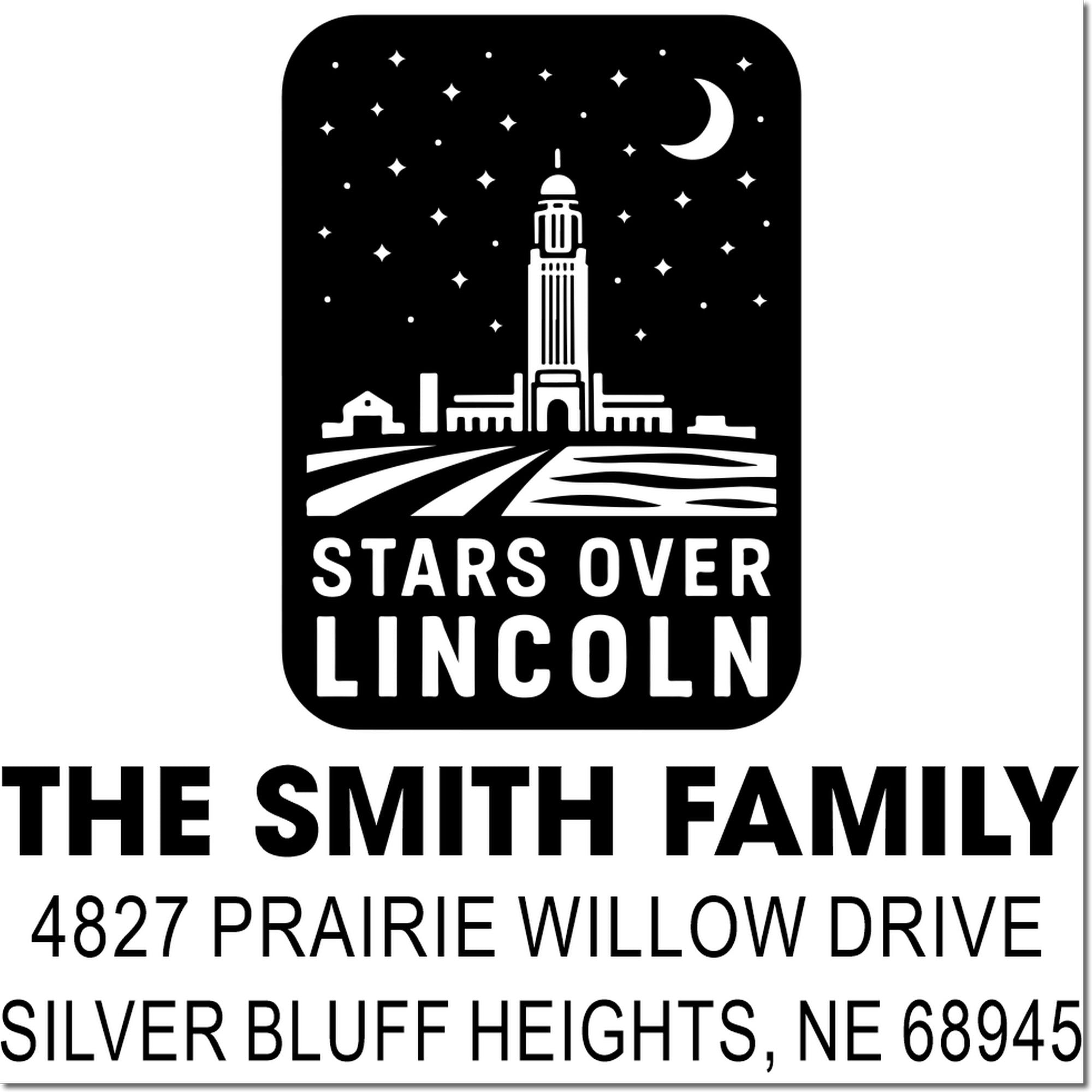 Custom rubber stamp design with Stars Over Lincoln, The Smith Family name, and return address in Silver Bluff Heights, NE.