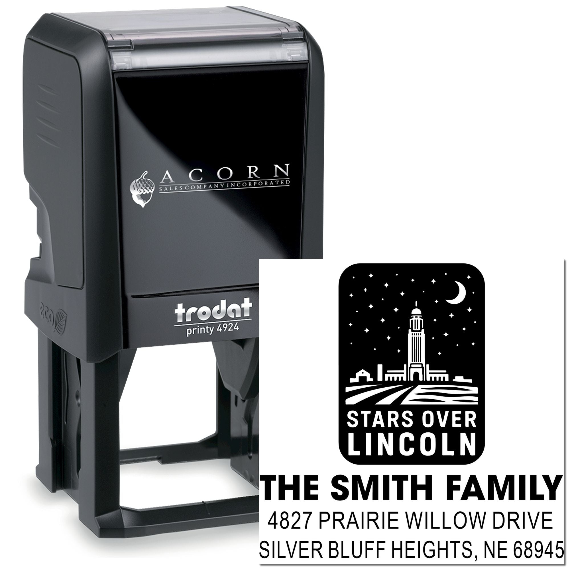 Custom self-inking rubber stamp featuring Stars Over Lincoln design and The Smith Family return address for personalized mail.