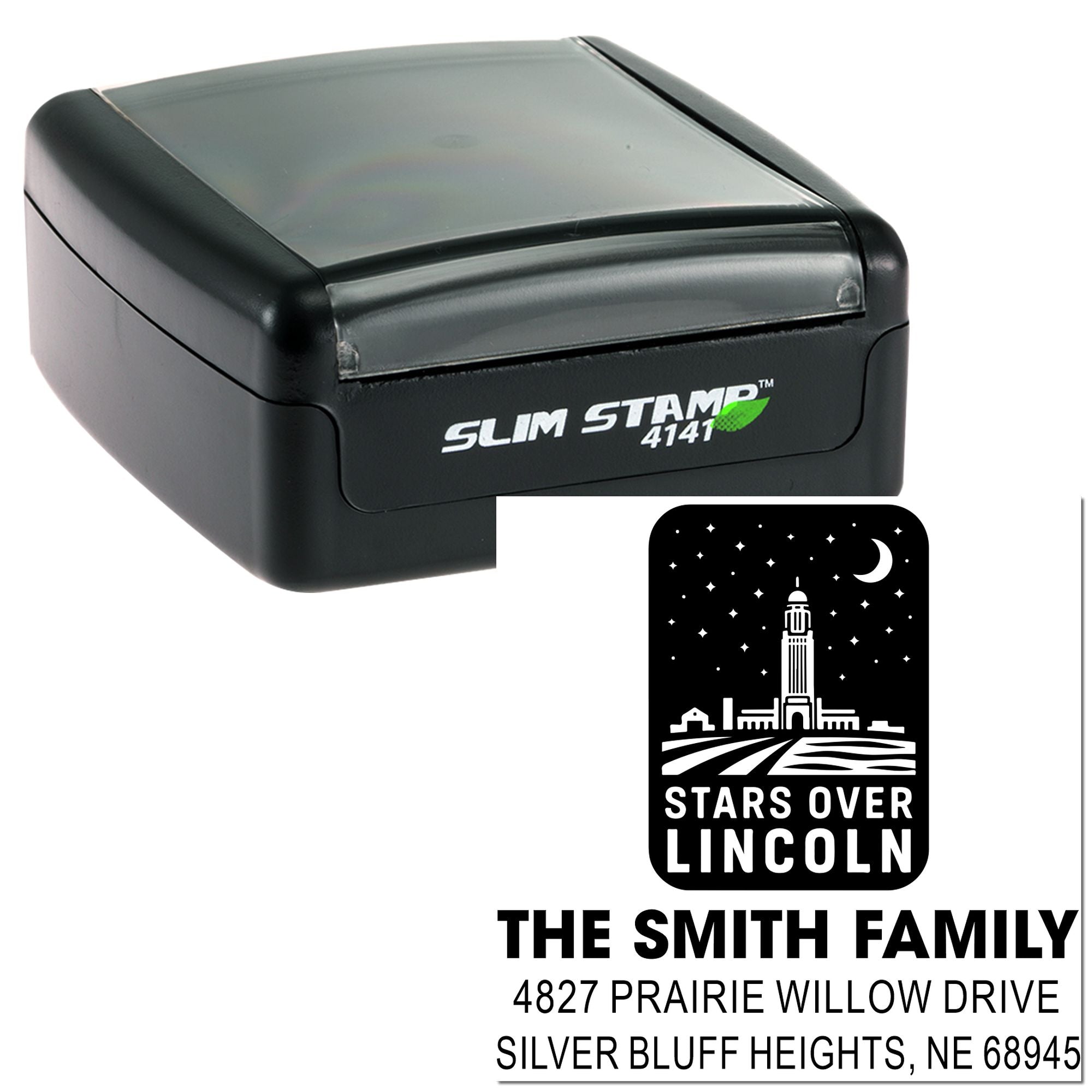 Custom Slim Stamp 4141 return address rubber stamp with Stars Over Lincoln design for The Smith Family, Silver Bluff Heights NE.