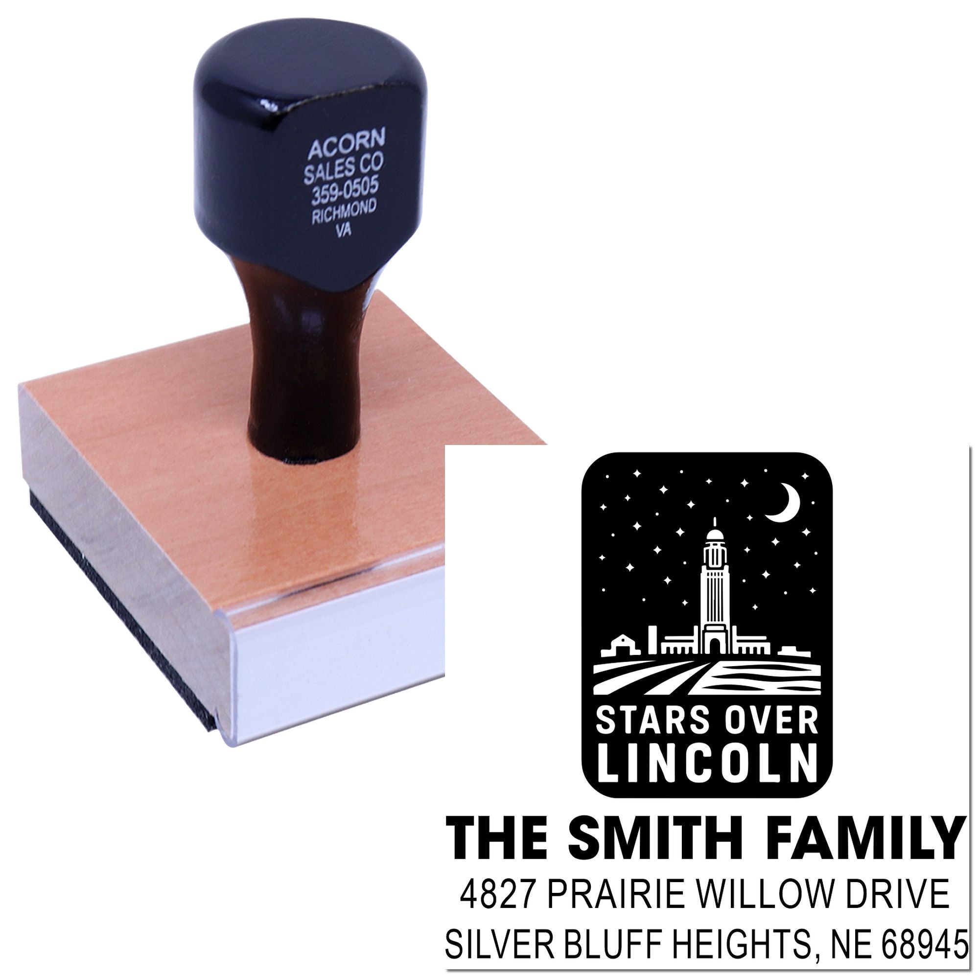 Custom rubber stamp featuring personalized address and logo imprint for business envelopes, mailings, and stationery.