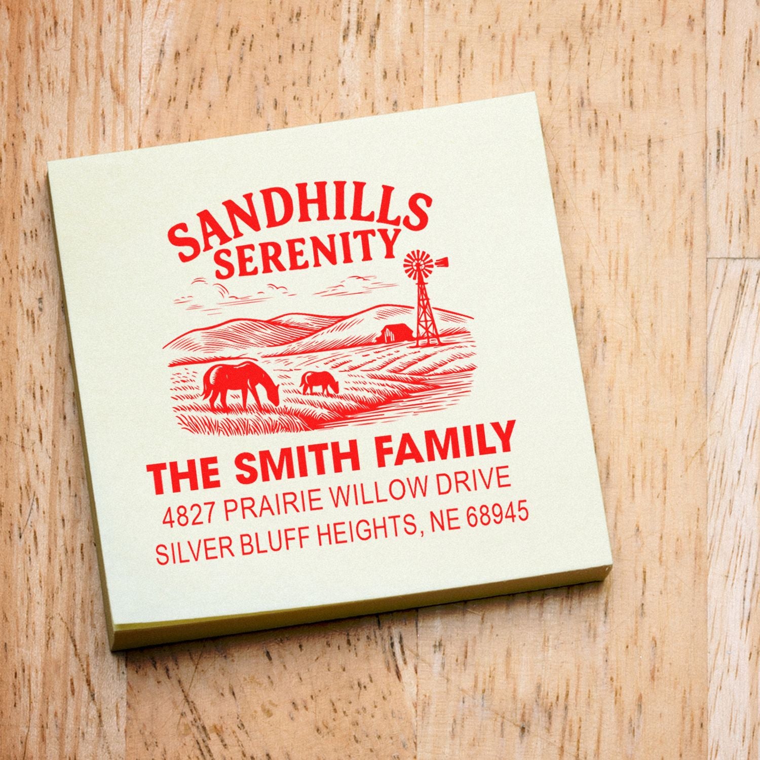 Personalized rubber address stamp for The Smith Family with Sandhills Serenity farm design, horses, windmill, and return address.