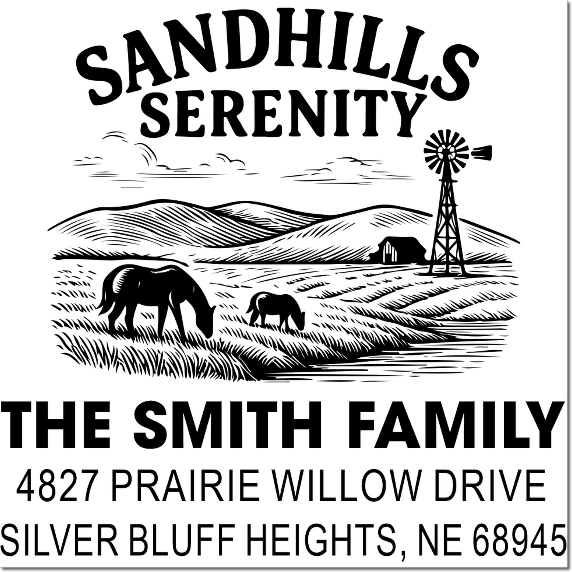Custom personalized address rubber stamp with Sandhills Serenity ranch scene, horses, windmill, and The Smith Family name.