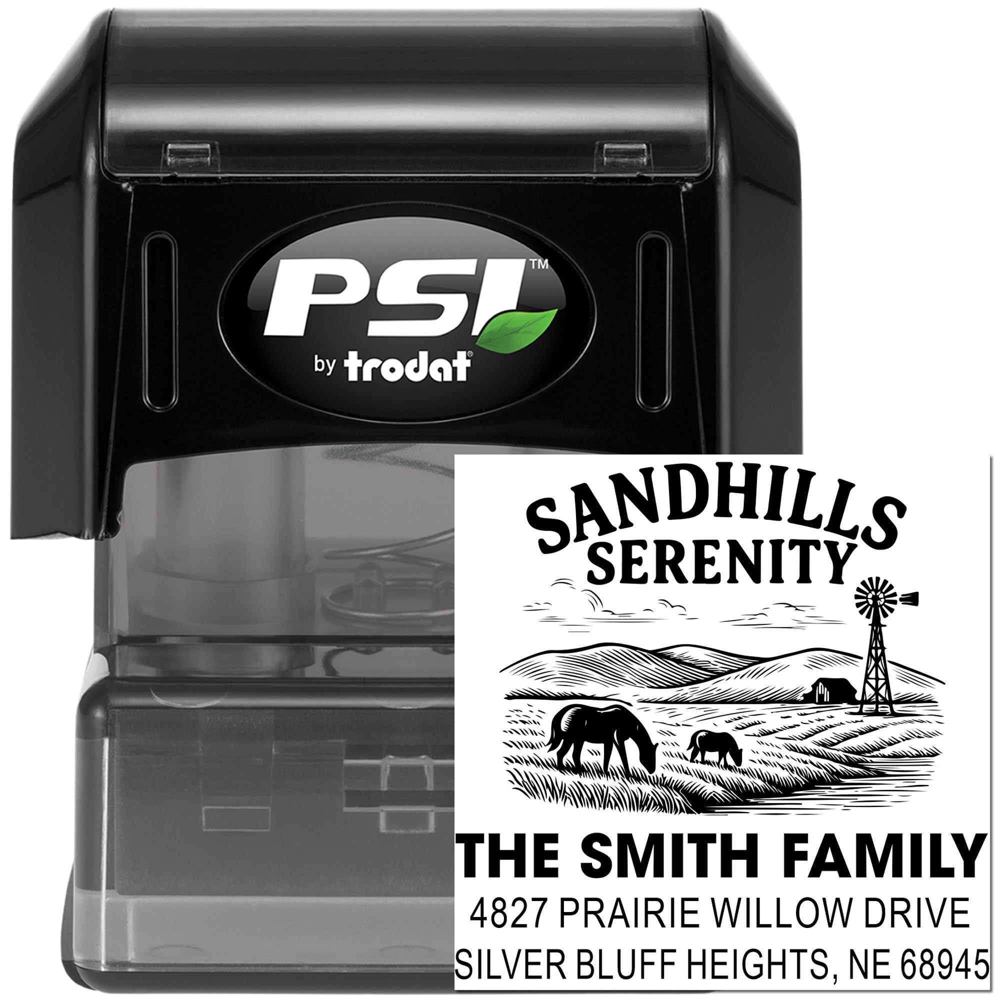 Custom self-inking rubber stamp, PSI by Trodat, featuring The Smith Family address and Sandhills Serenity farm logo.