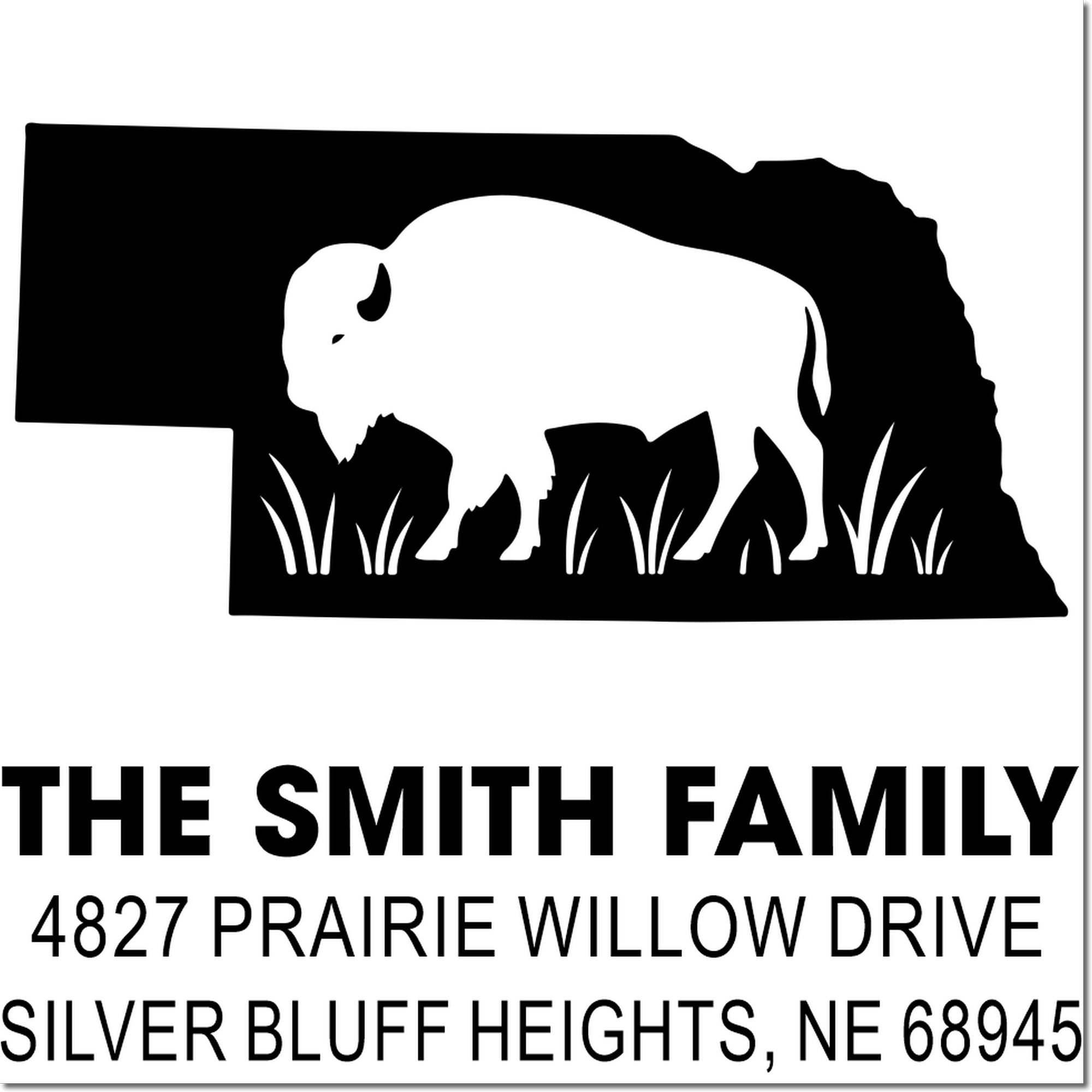 Custom bison return address rubber stamp for The Smith Family, 4827 Prairie Willow Drive, Silver Bluff Heights, NE 68945.