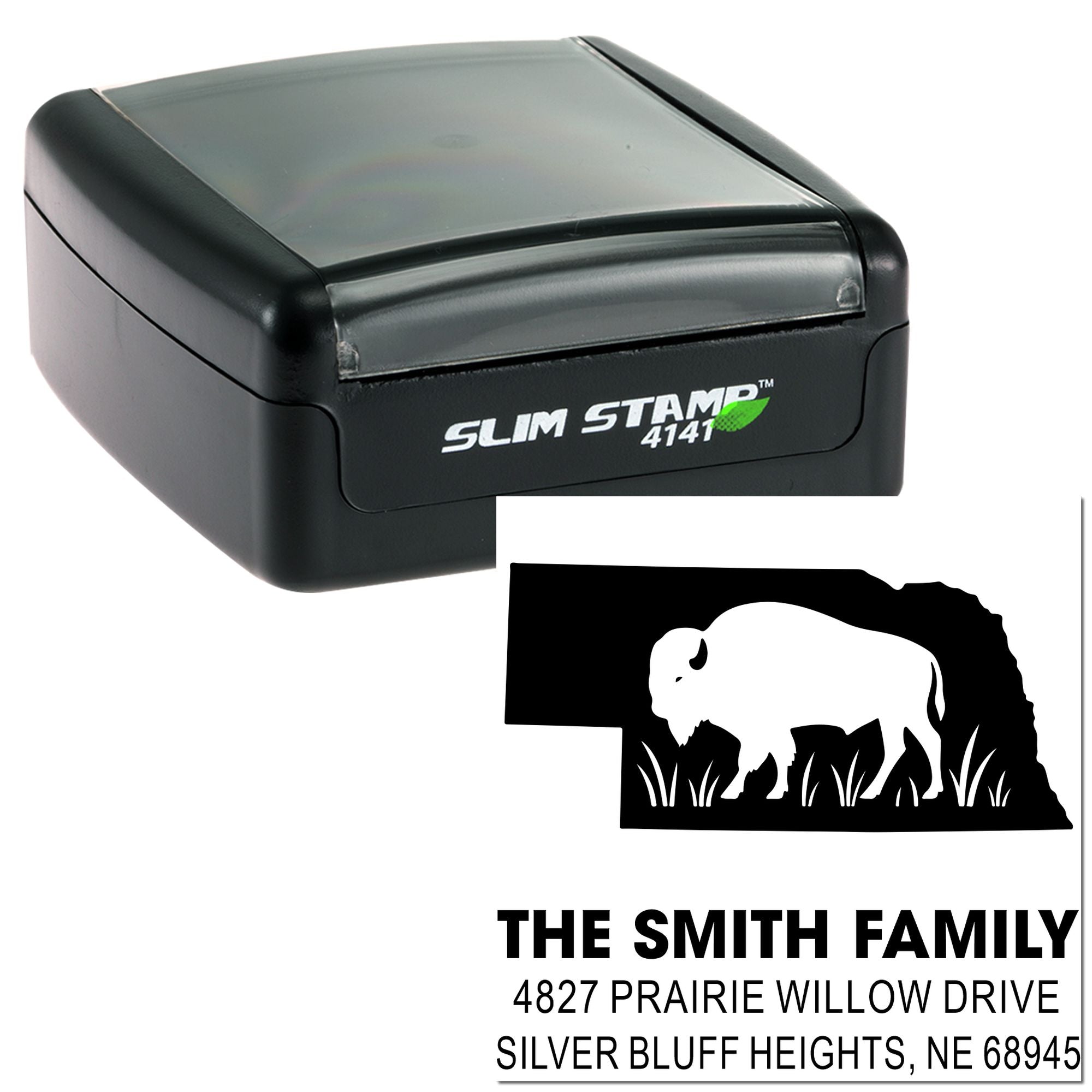 Custom self-inking rubber address stamp with buffalo silhouette for The Smith Family, Silver Bluff Heights, NE