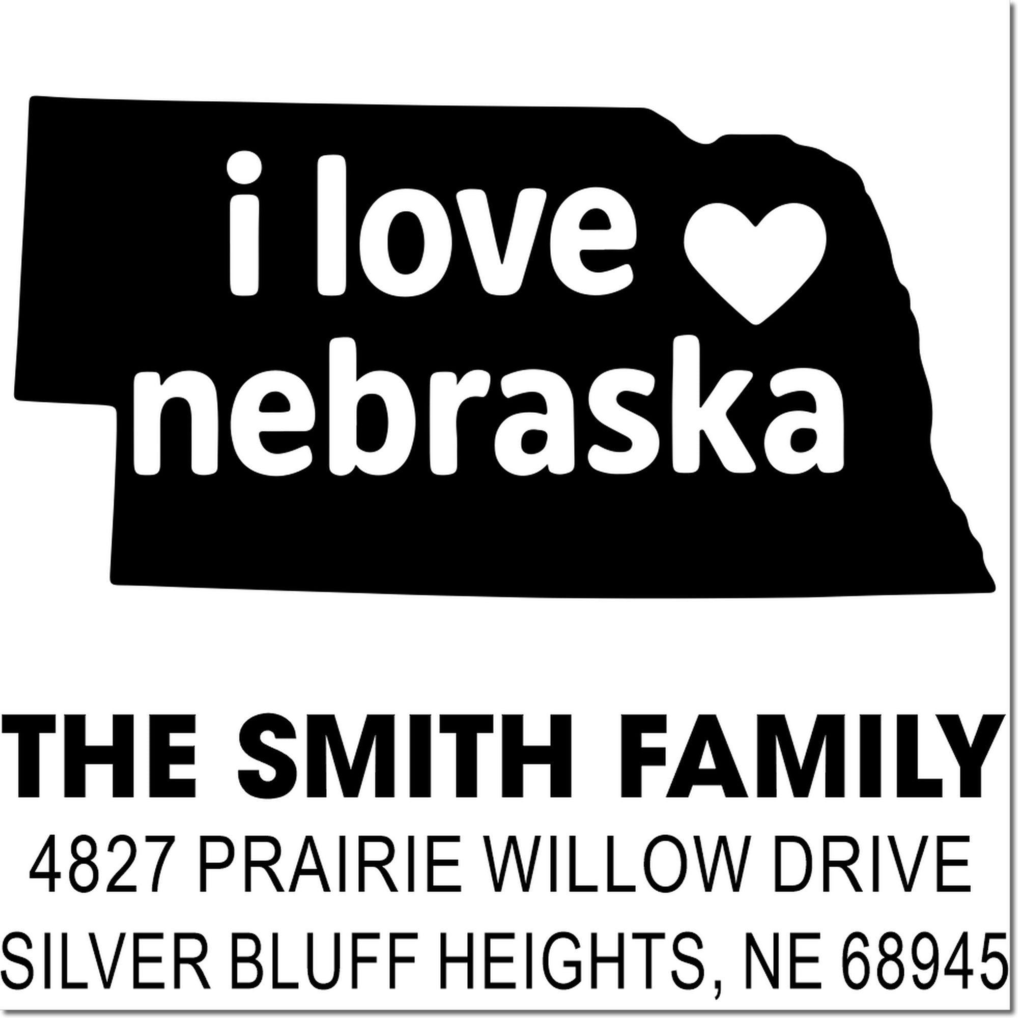 Custom Nebraska family return address stamp with I love Nebraska heart design for The Smith Family.