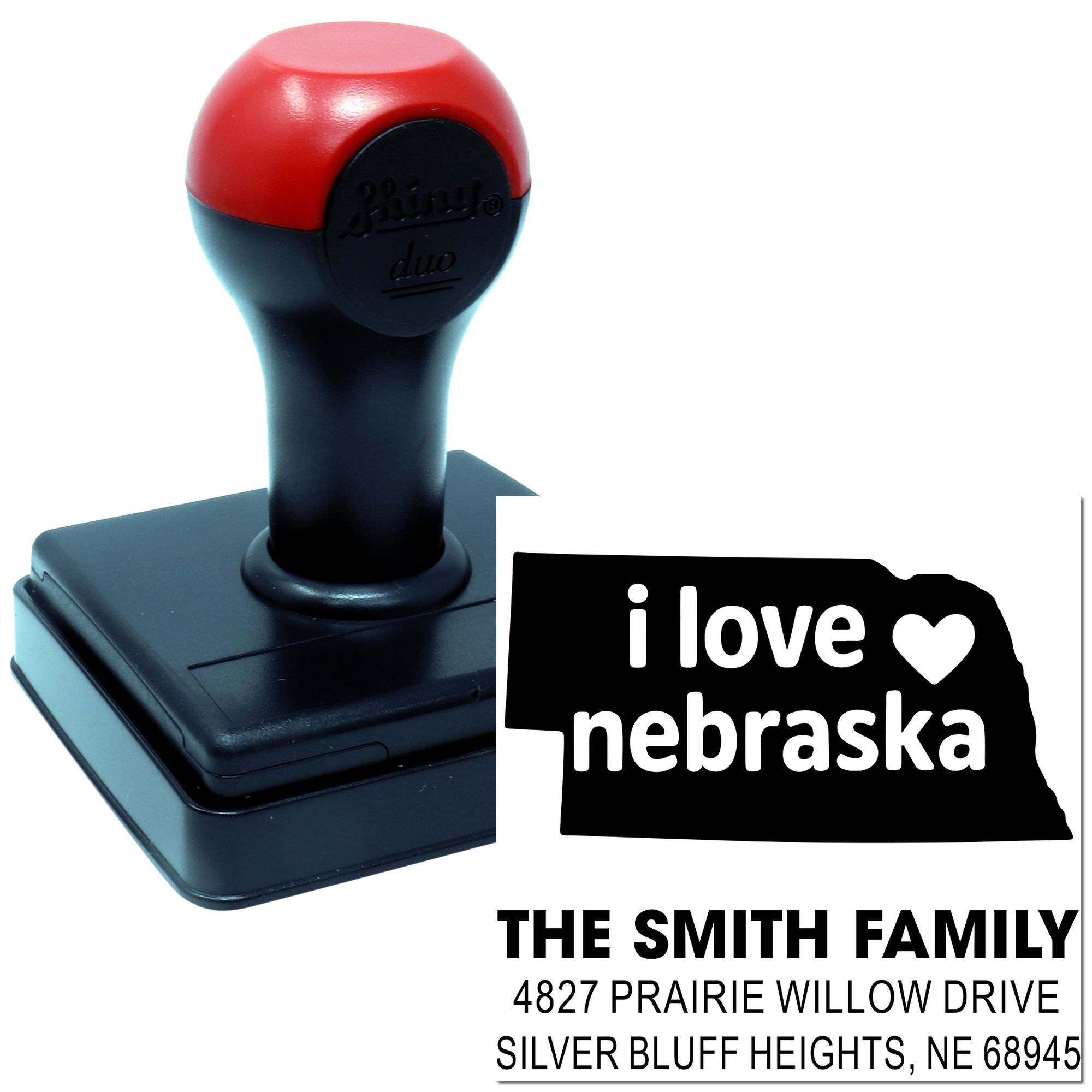 Personalized Nebraska rubber stamp with I love Nebraska design and Smith family address for custom mailing.