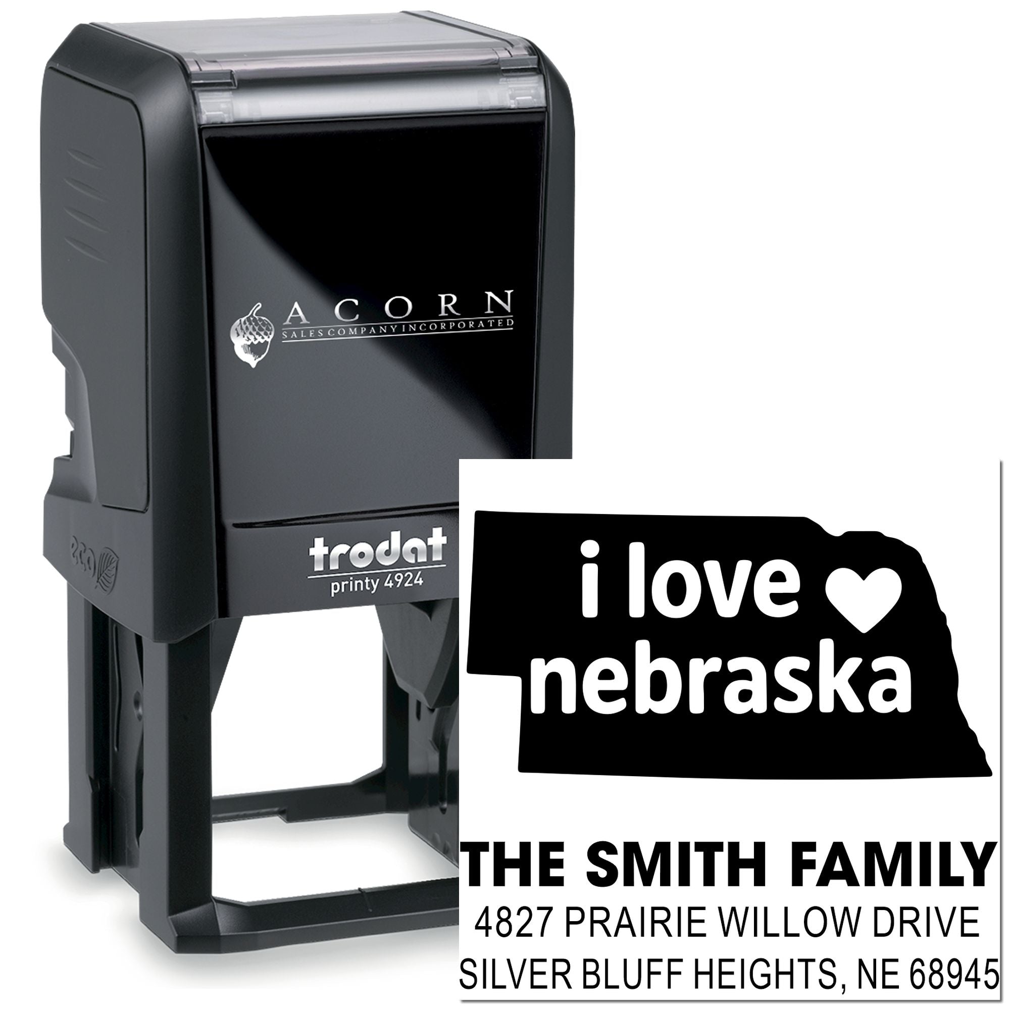 Custom Nebraska self-inking rubber stamp with family name and address for personalized home mailing