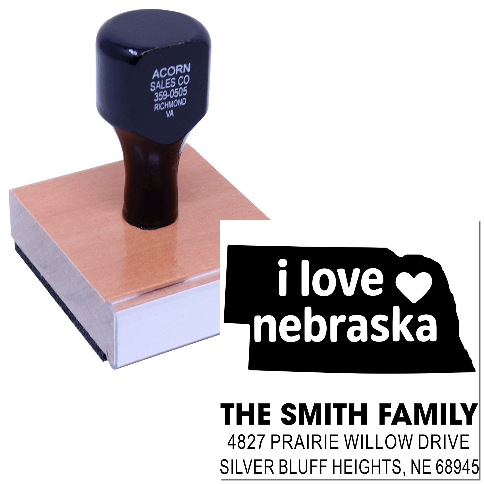 Custom rubber stamps with logo, Nebraska state design, and return address for business, family, and craft use.