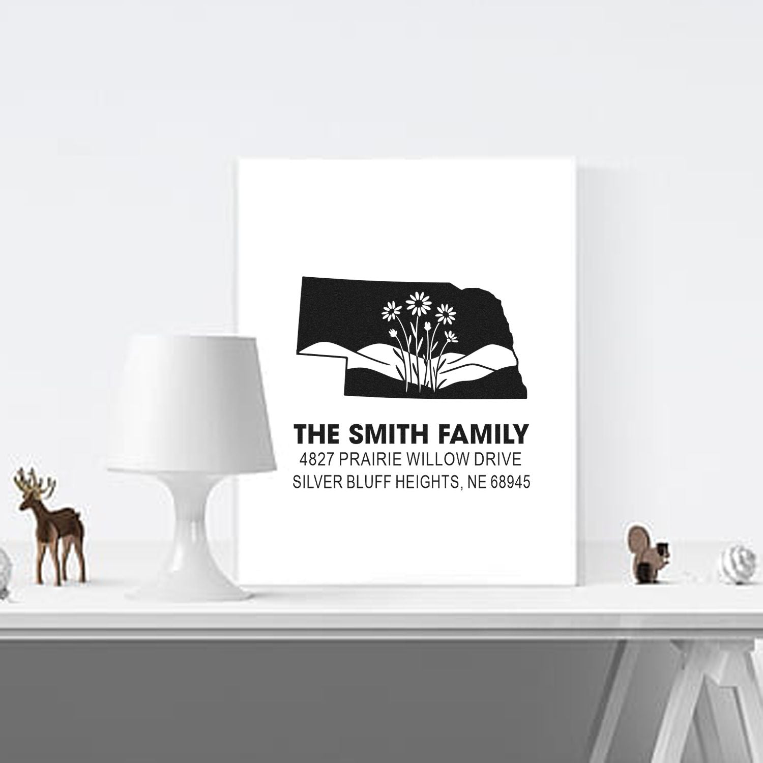 Custom Nebraska family return address rubber stamp with floral state silhouette for personalized mail and stationery