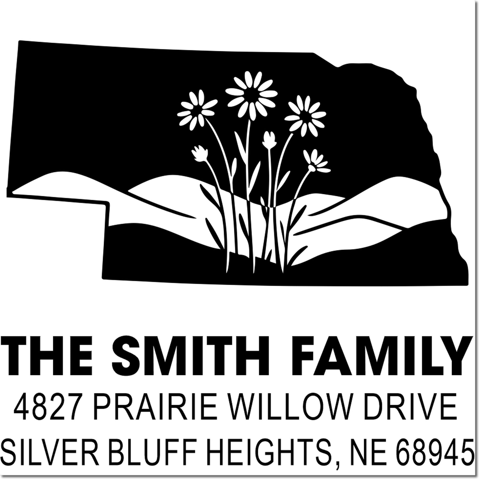 Nebraska custom address rubber stamp for The Smith Family, 4827 Prairie Willow Drive, Silver Bluff Heights, NE 68945.