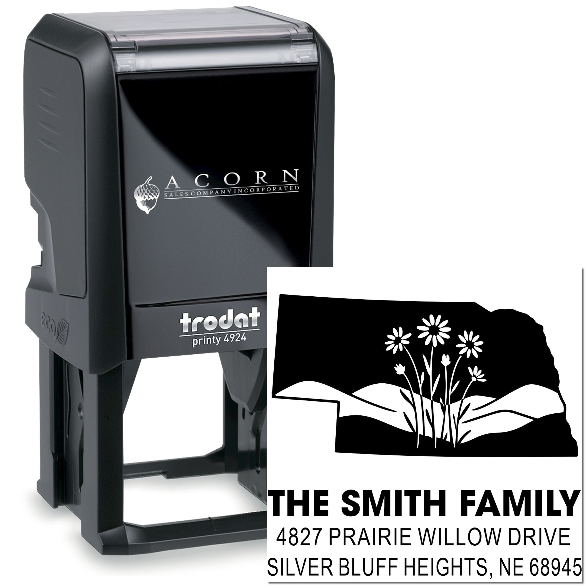 Custom self-inking return address stamp with floral house design, Trodat Printy 4924 rubber stamp for The Smith Family.
