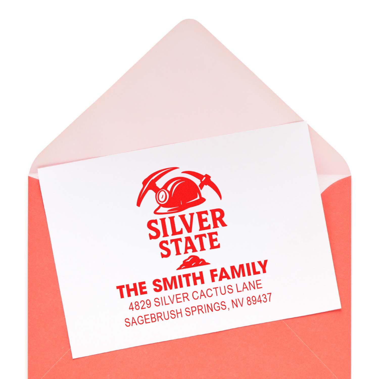 Personalized return address rubber stamp for The Smith Family with Silver State logo and mailing address.