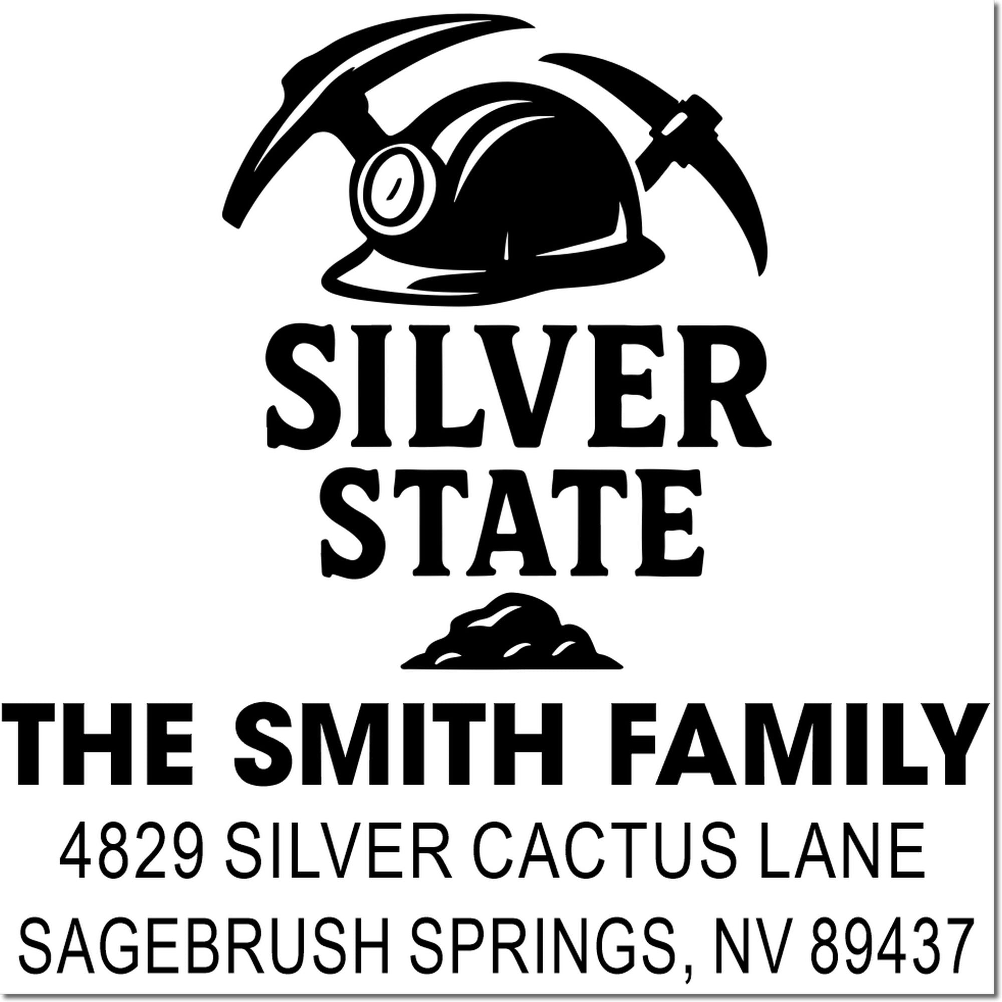 Personalized return address rubber stamp for The Smith Family, Silver State, Sagebrush Springs, NV, with mining helmet logo.