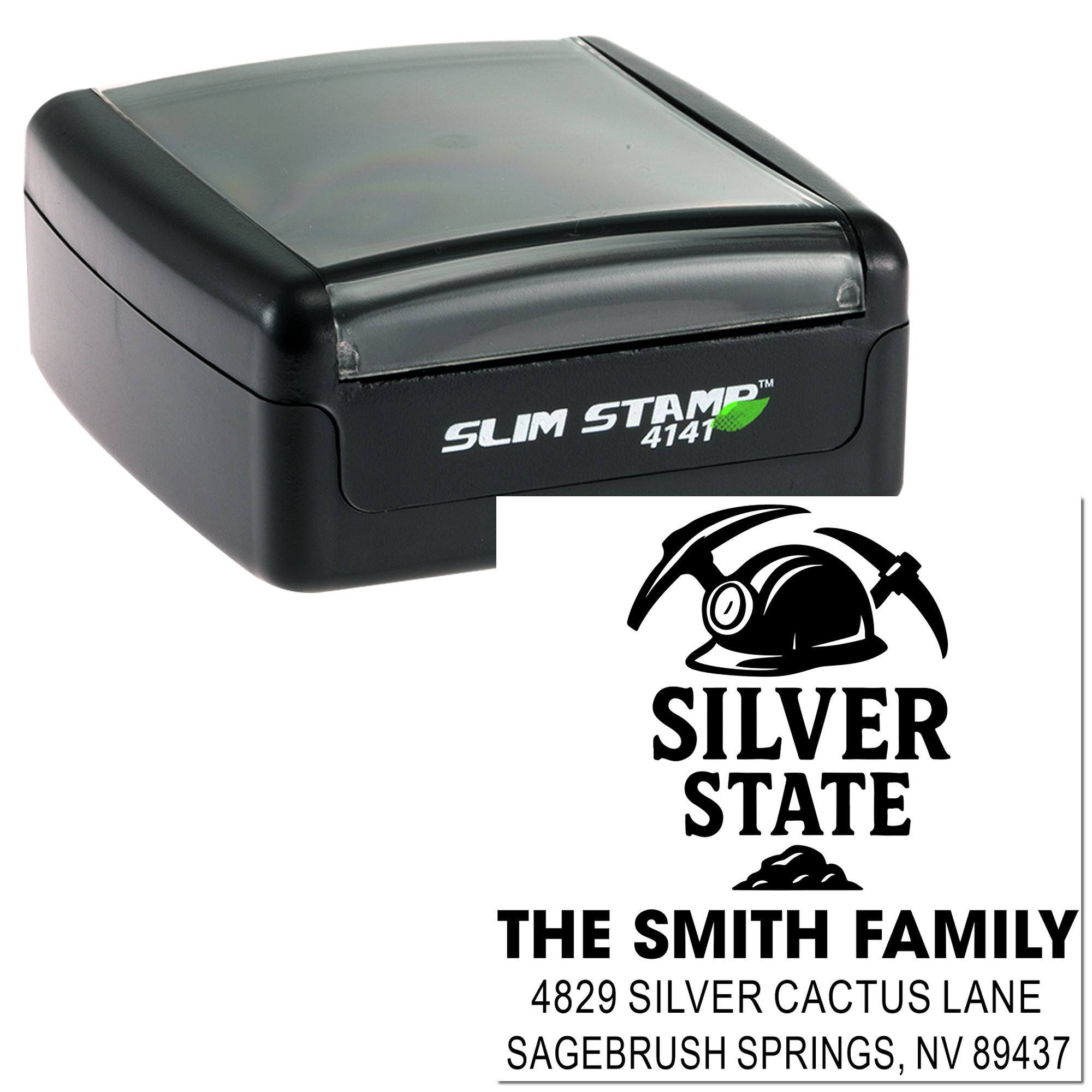 Custom self-inking slim rubber stamp with Silver State return address design for The Smith Family, Sagebrush Springs, NV.