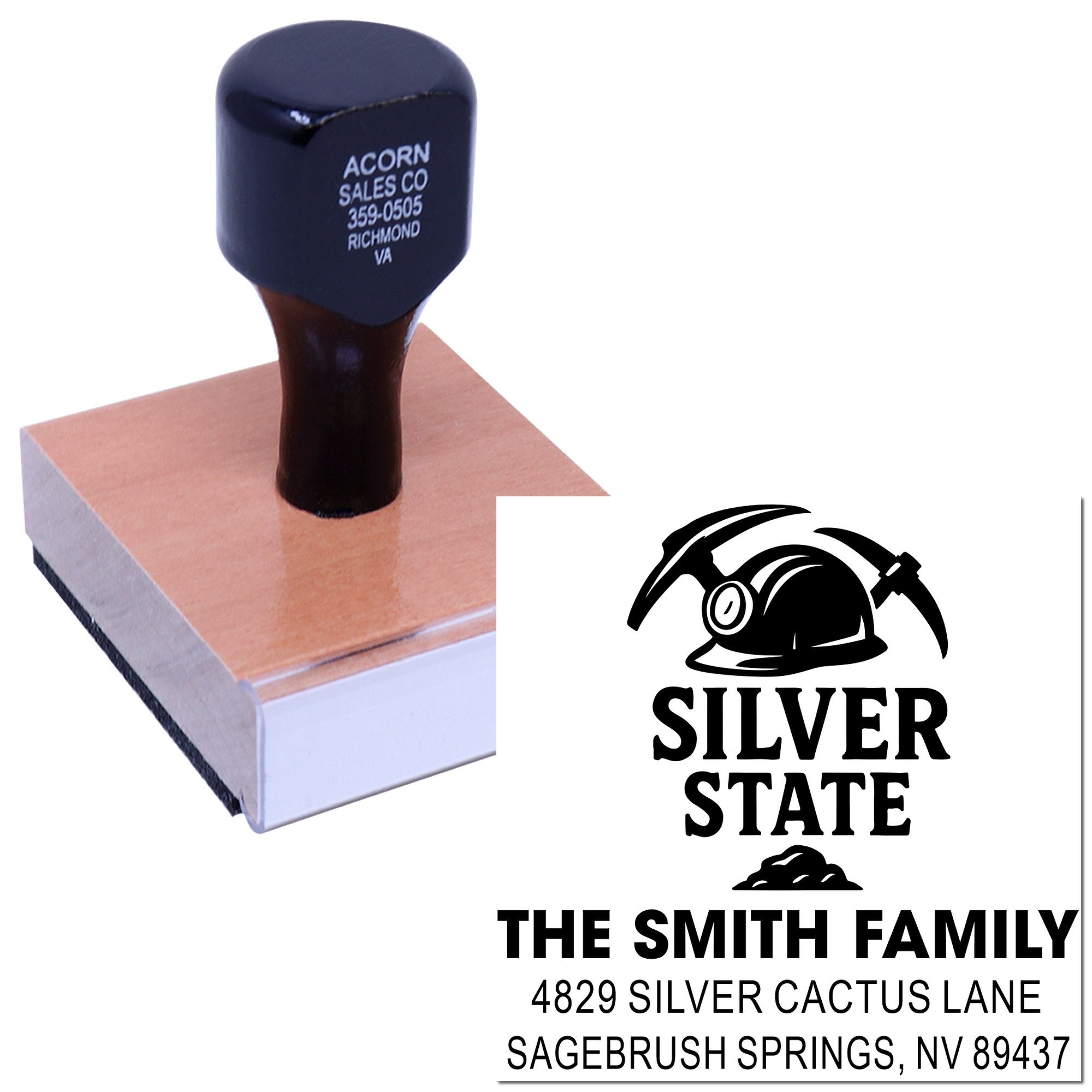 Custom rubber stamp with Silver State family return address and Nevada home address for personalized mailings.