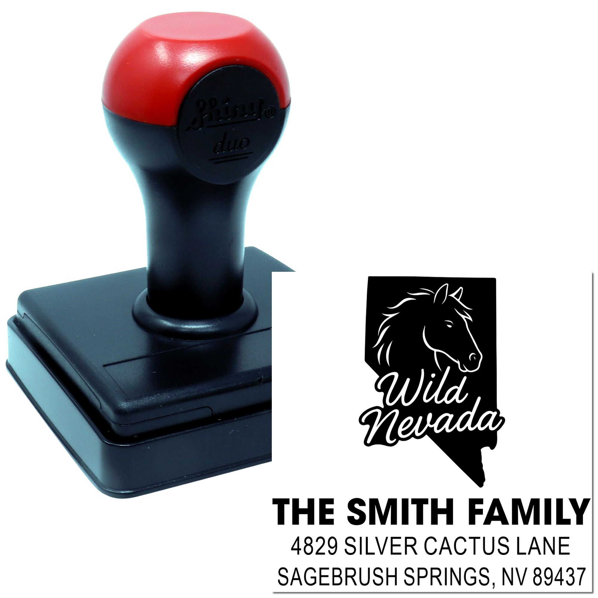 Custom self-inking rubber address stamp with Wild Nevada horse design and Smith family return address.
