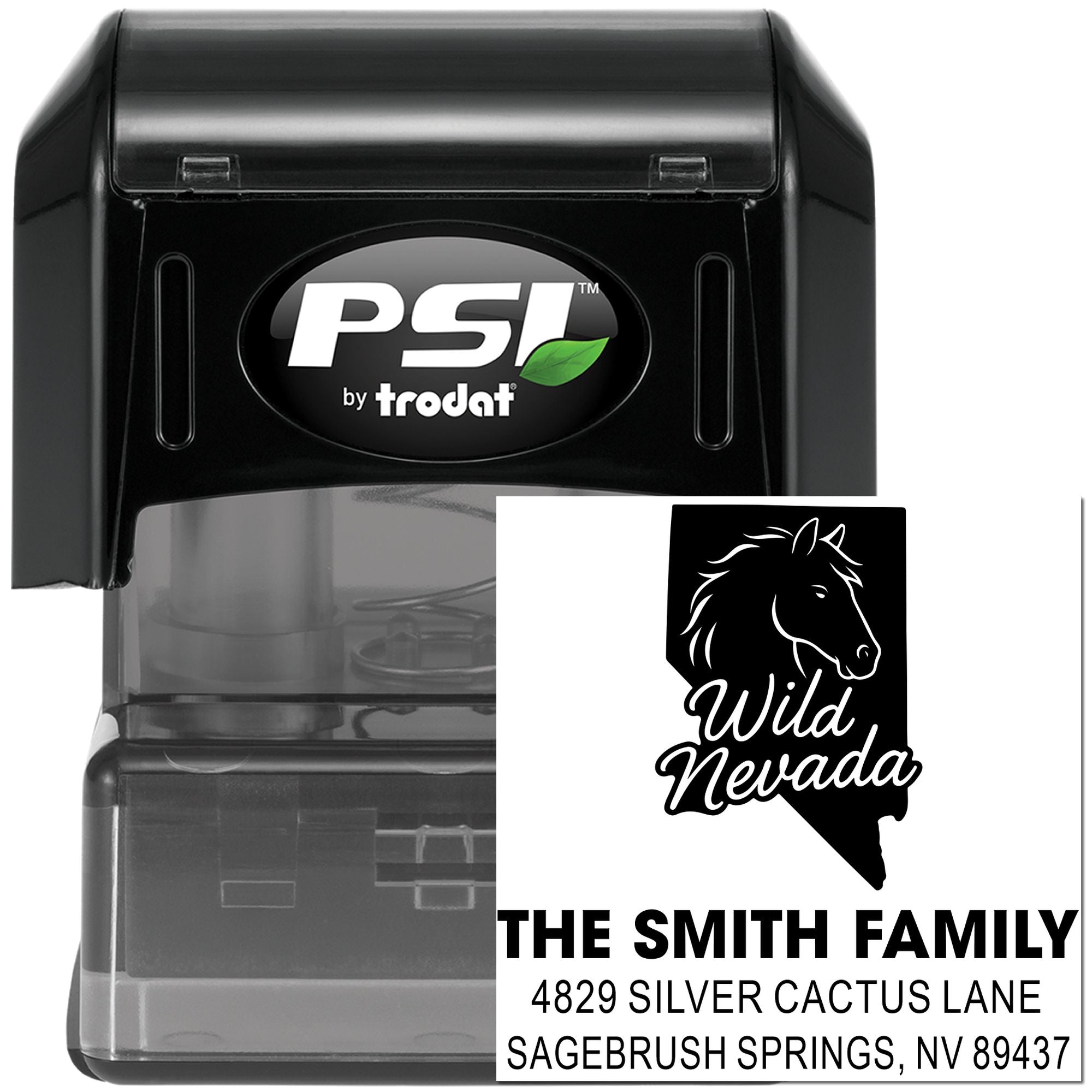Custom self-inking rubber stamp with Nevada horse design and personalized family address, PSI by Trodat.