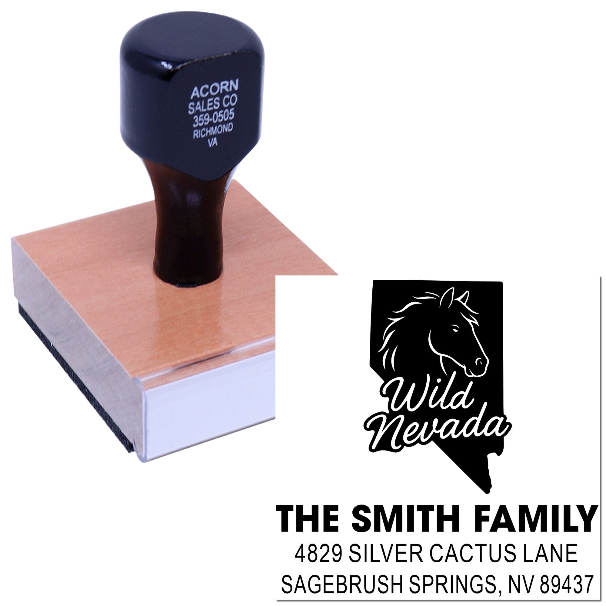 Custom rubber return address stamp featuring Wild Nevada design, family name, and address for personalized envelopes.