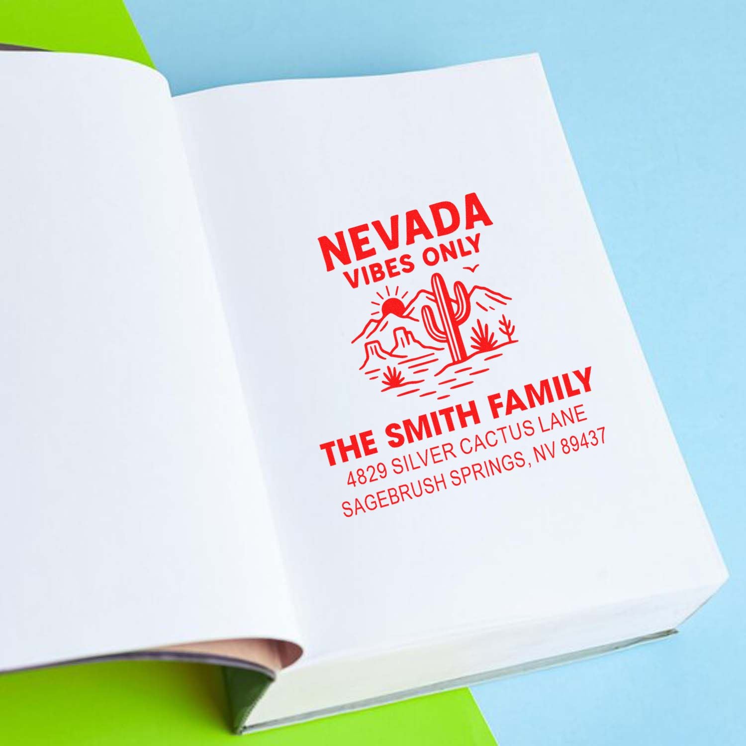 Personalized rubber stamp with Nevada Vibes Only cactus design and Smith family address for stationery, mail, and packaging.