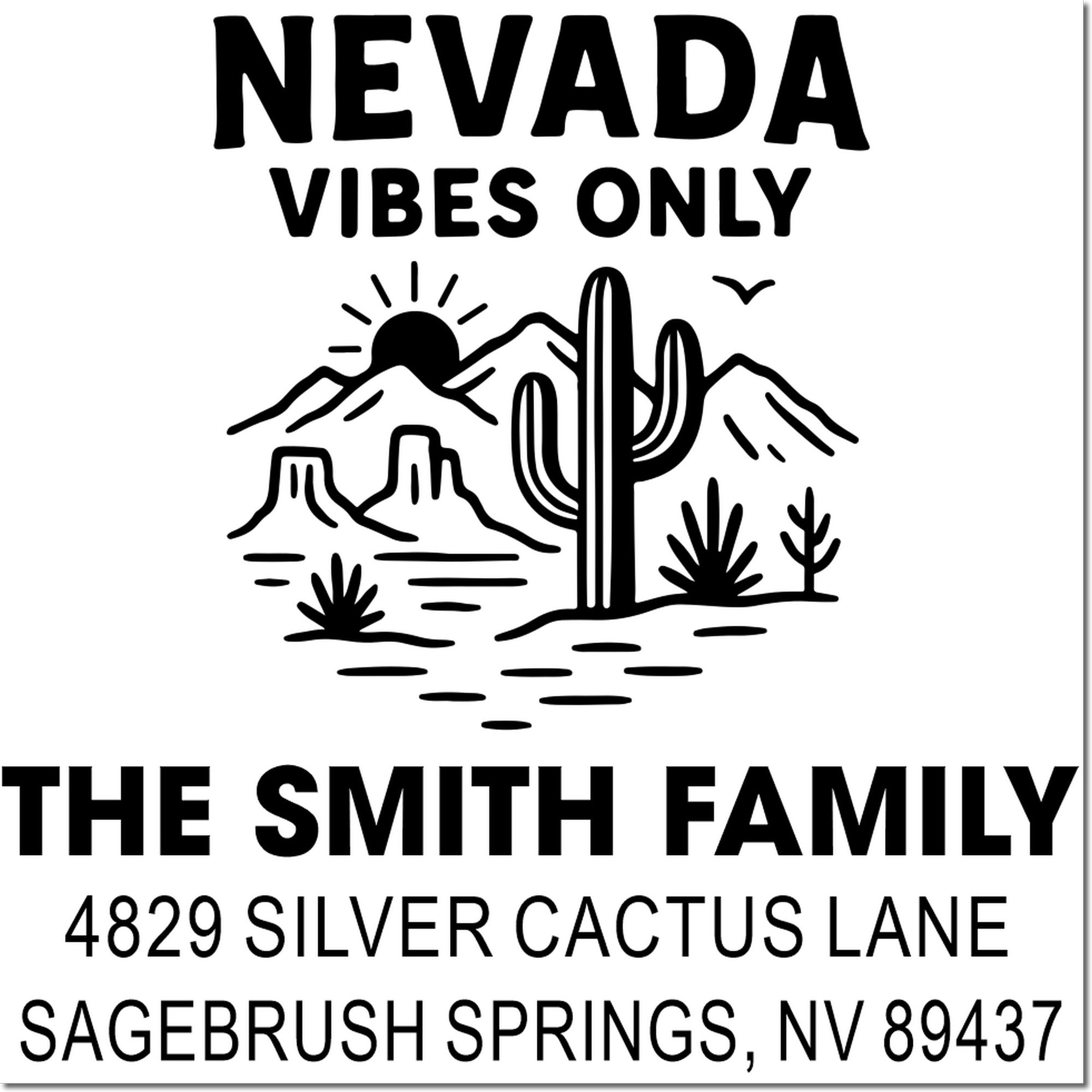 Custom Nevada address rubber stamp for The Smith Family, with desert cactus graphic and Sagebrush Springs, NV return address.