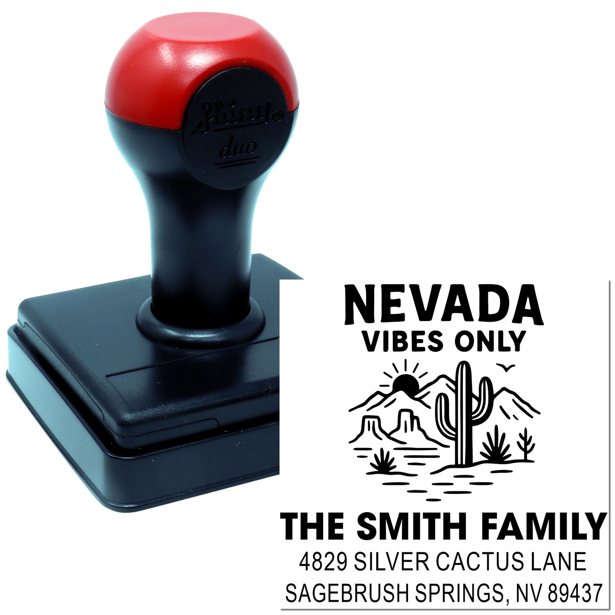 Custom self-inking rubber address stamp with Nevada vibes only desert design and Smith family return address.