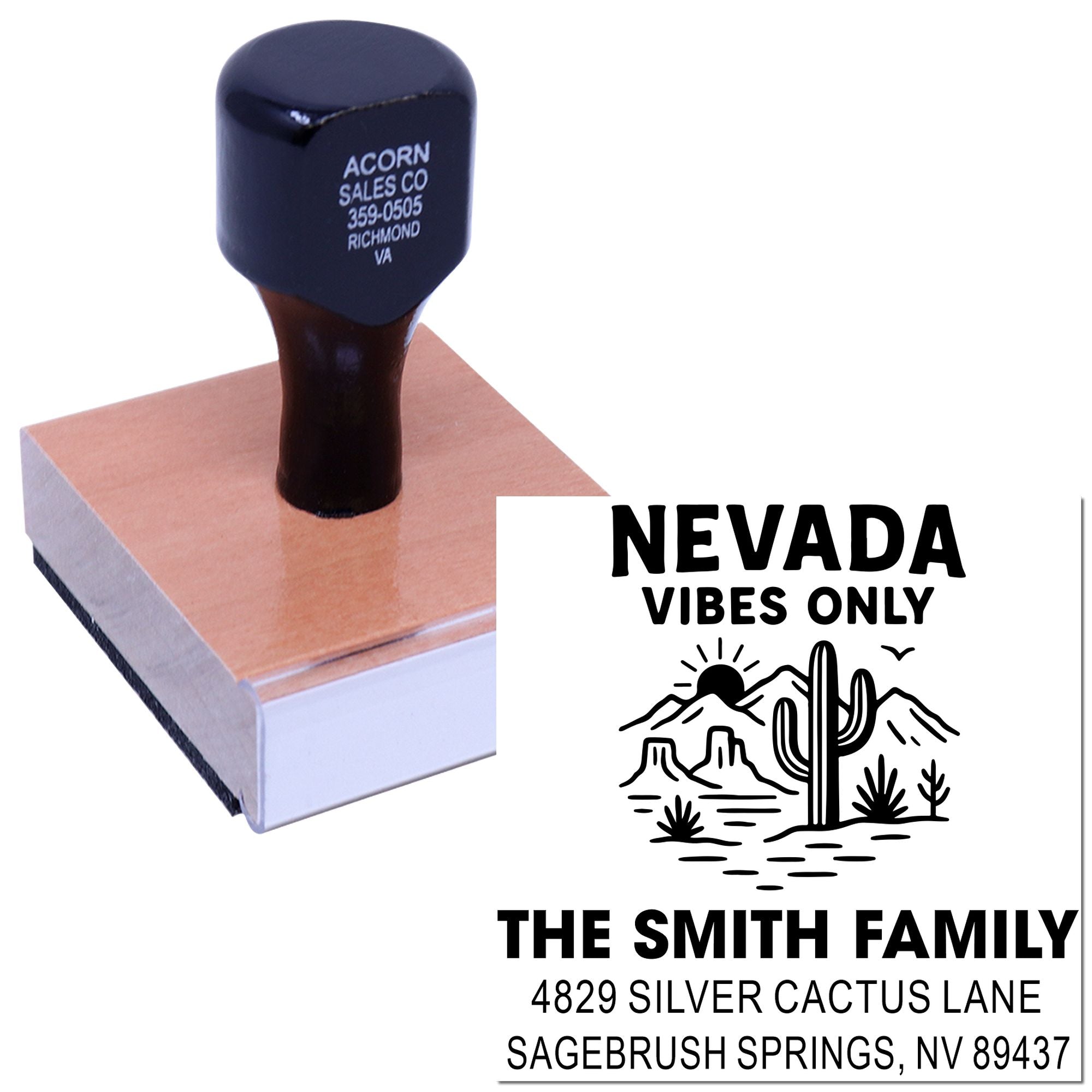 Custom rubber address stamp with Nevada Vibes Only cactus design and The Smith Family address.