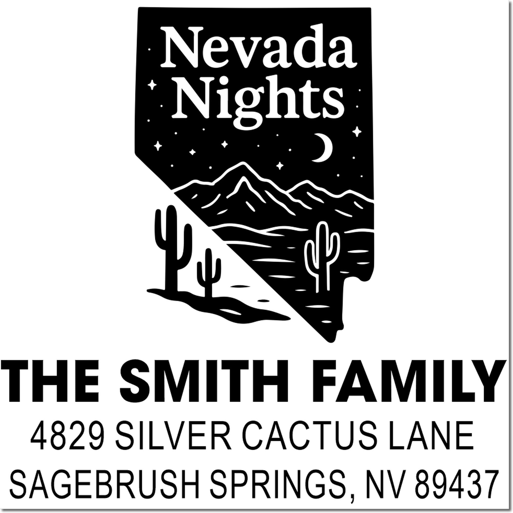 Personalized Nevada Nights rubber address stamp for The Smith Family, featuring a desert cactus design and Sagebrush Springs address.