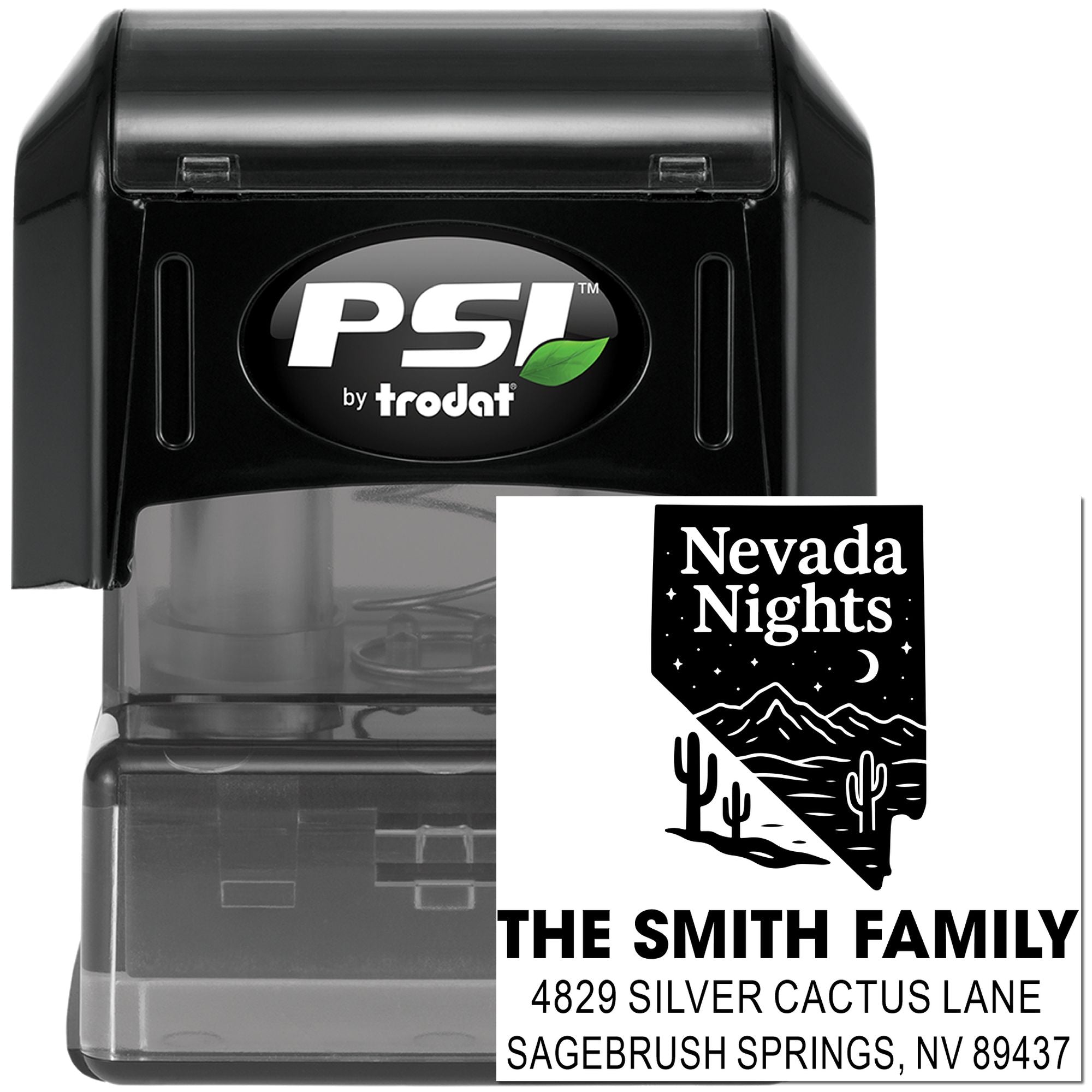 PSI by Trodat custom self-inking address stamp with Nevada Nights design and Smith Family return address.