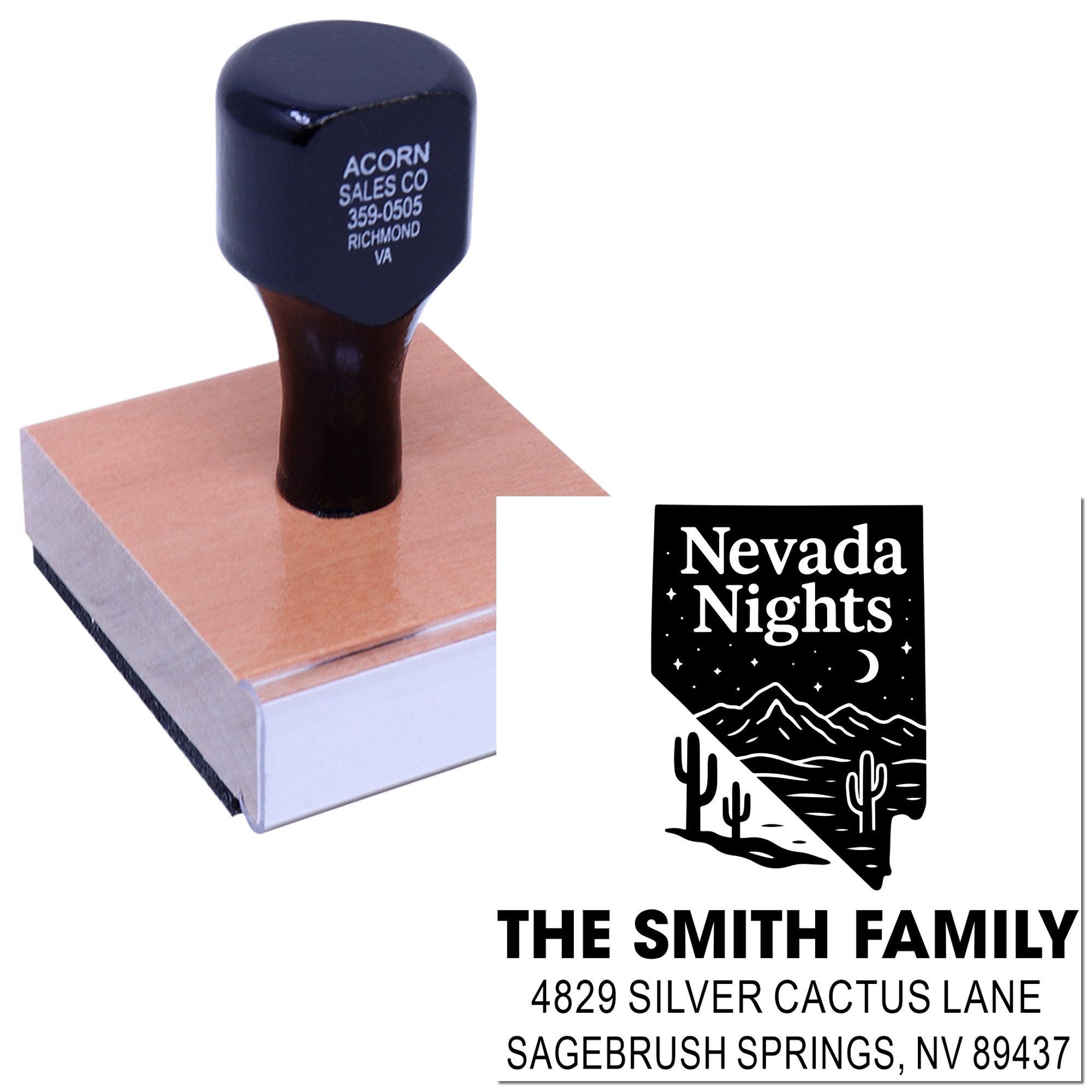 Custom return address rubber stamp with Nevada Nights Nevada design for The Smith Family.