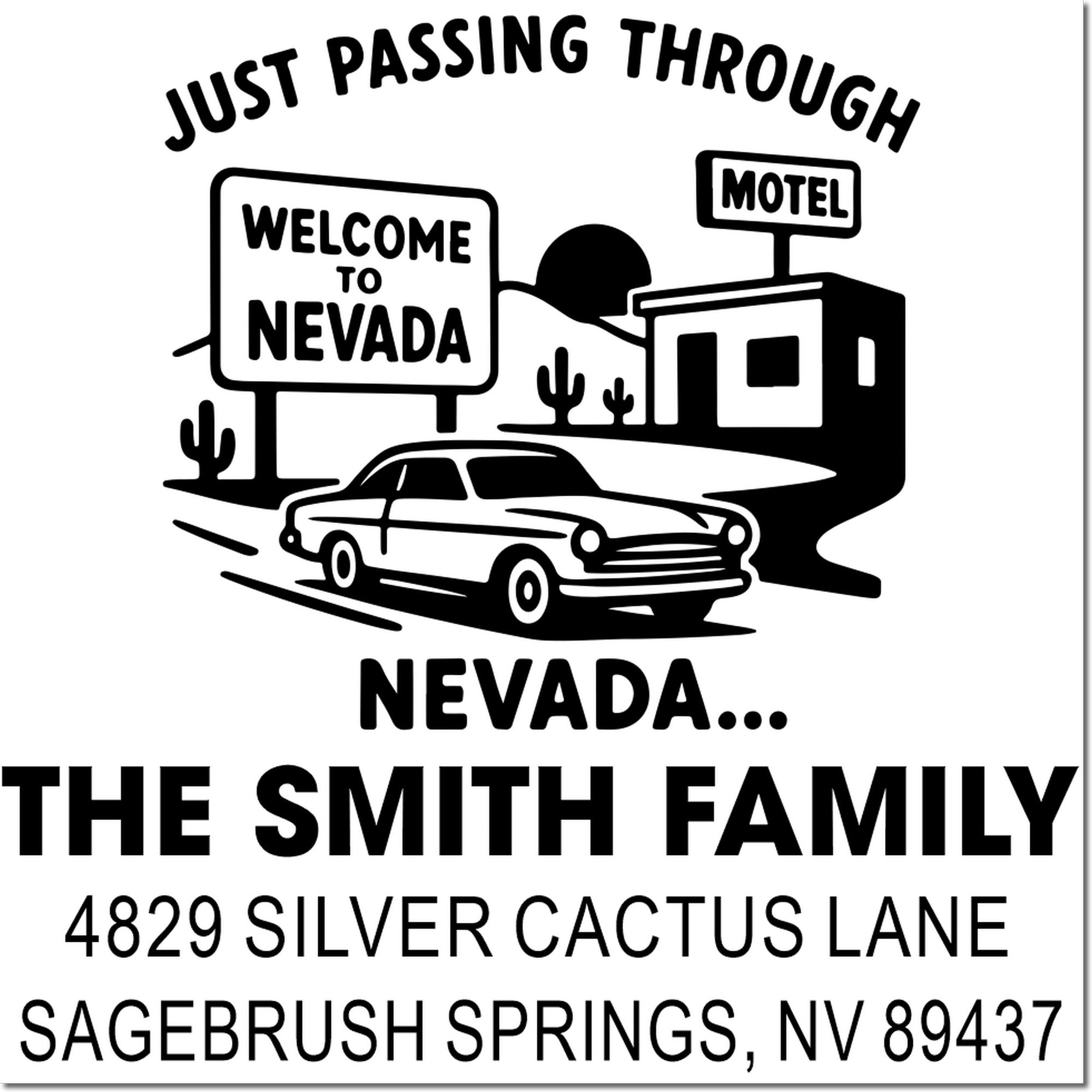 Custom Nevada address rubber stamp for The Smith family, featuring a road trip scene and Sagebrush Springs return address.
