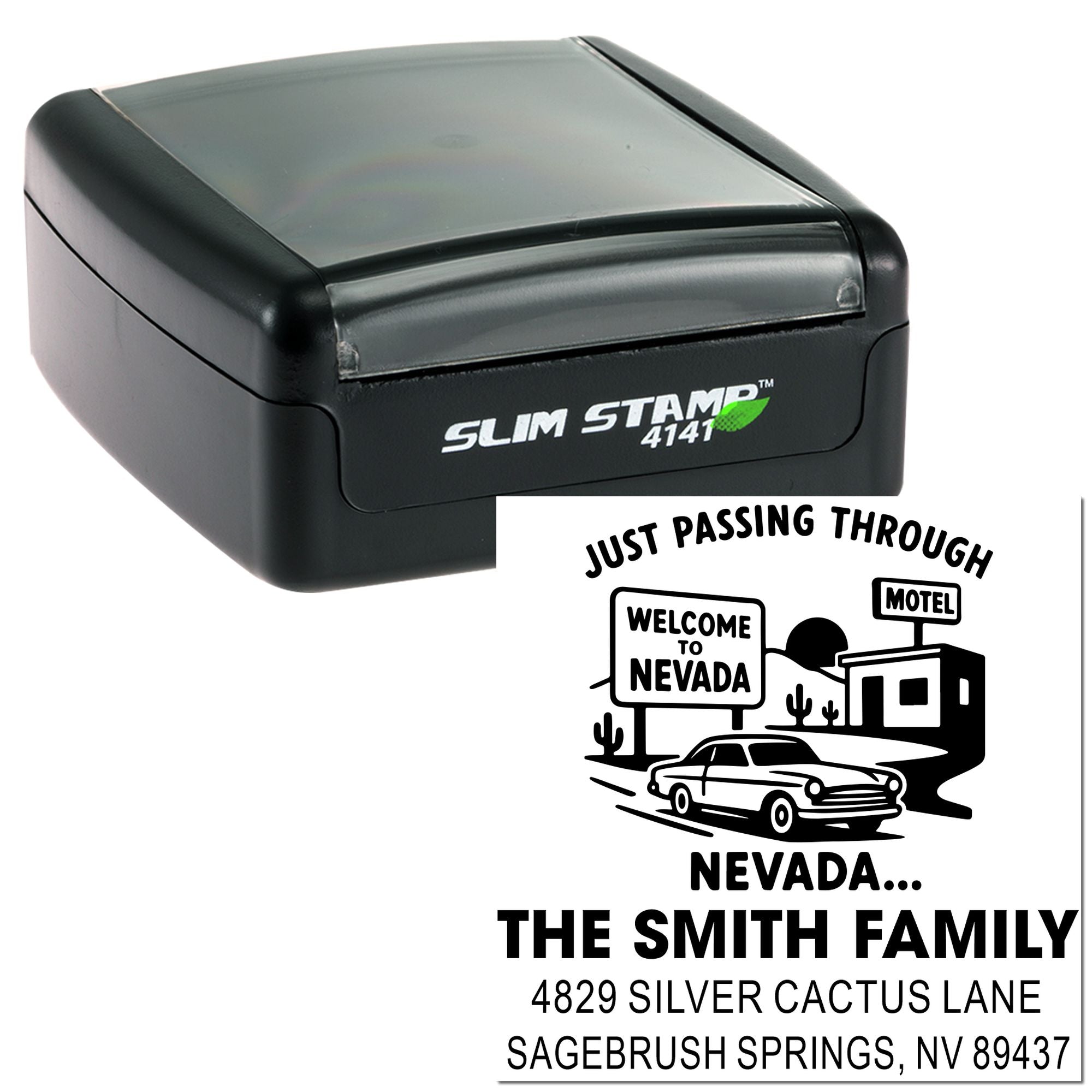 Custom Nevada self-inking rubber stamp with family name and address, featuring a retro motel road trip design for personalized mailing.